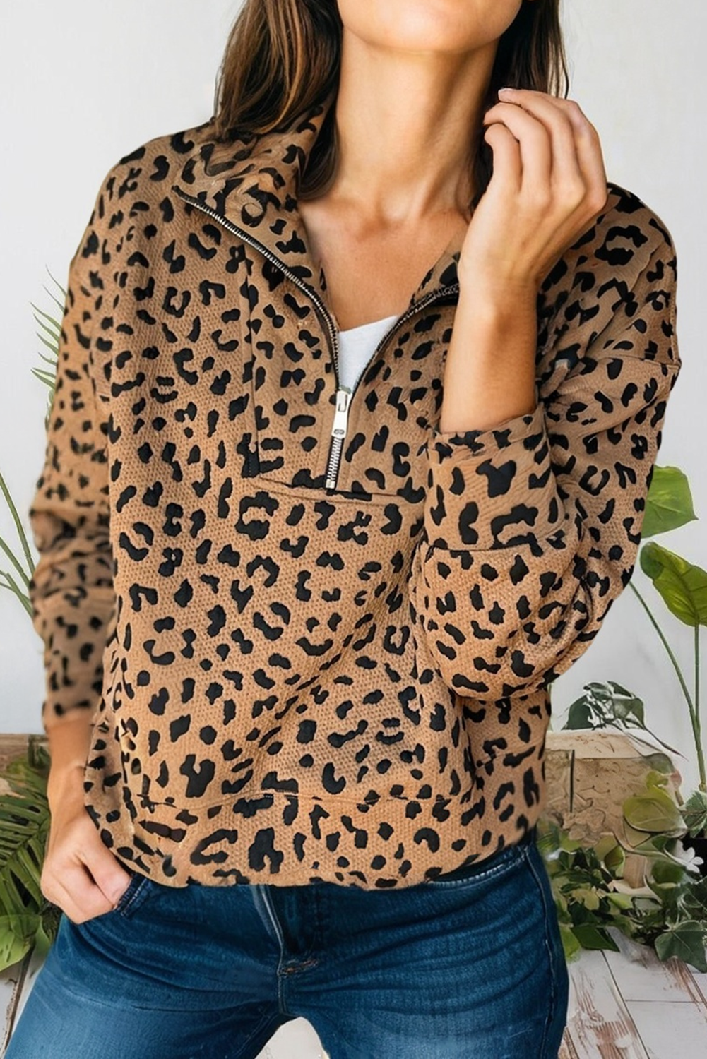 Leopard Print Half Zip Long Sleeve Sweatshirt (S-Xl) T-Shirts, Hoodie | PodTeesHub.com