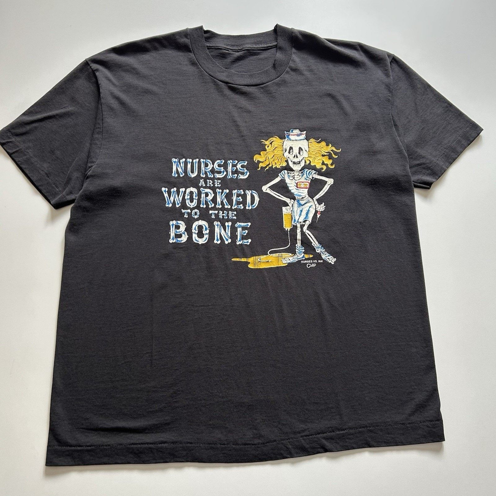 Fruit Of The Loom × Vintagexlvintage 90s Funny T-shirt Xl Nurses Worked To The Bone Skull Hoodie, Sweatshirt | PodTeesHub.com