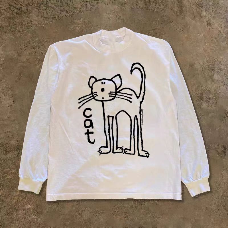 Vintage White Retro Cat Print Long Sleeved T Shirt Hoodie, Sweatshirt | PodTeesHub.com