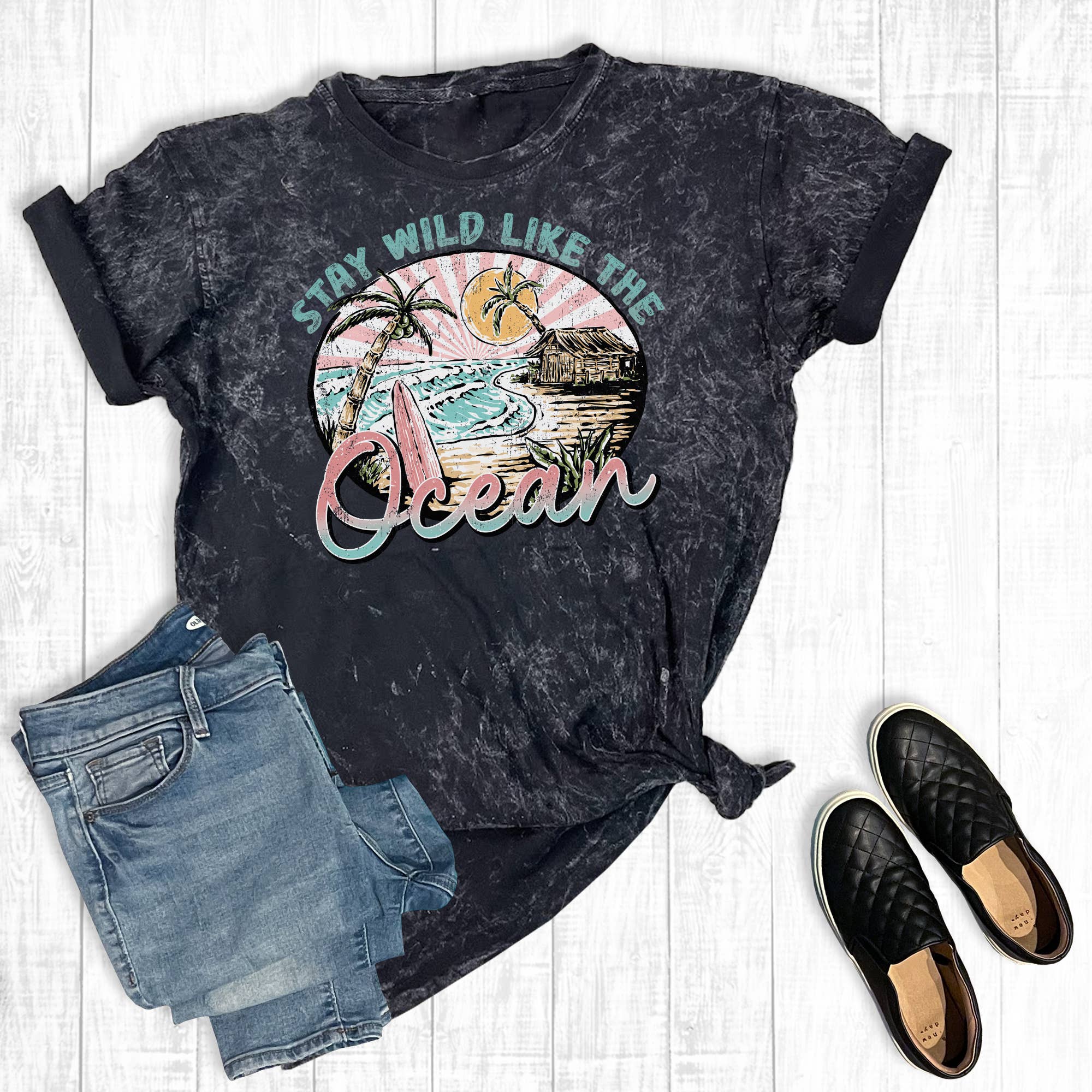 Stay Wild Like the Ocean Summer Mineral Wash Graphic Tee Hoodie, Sweatshirt | PodTeesHub.com