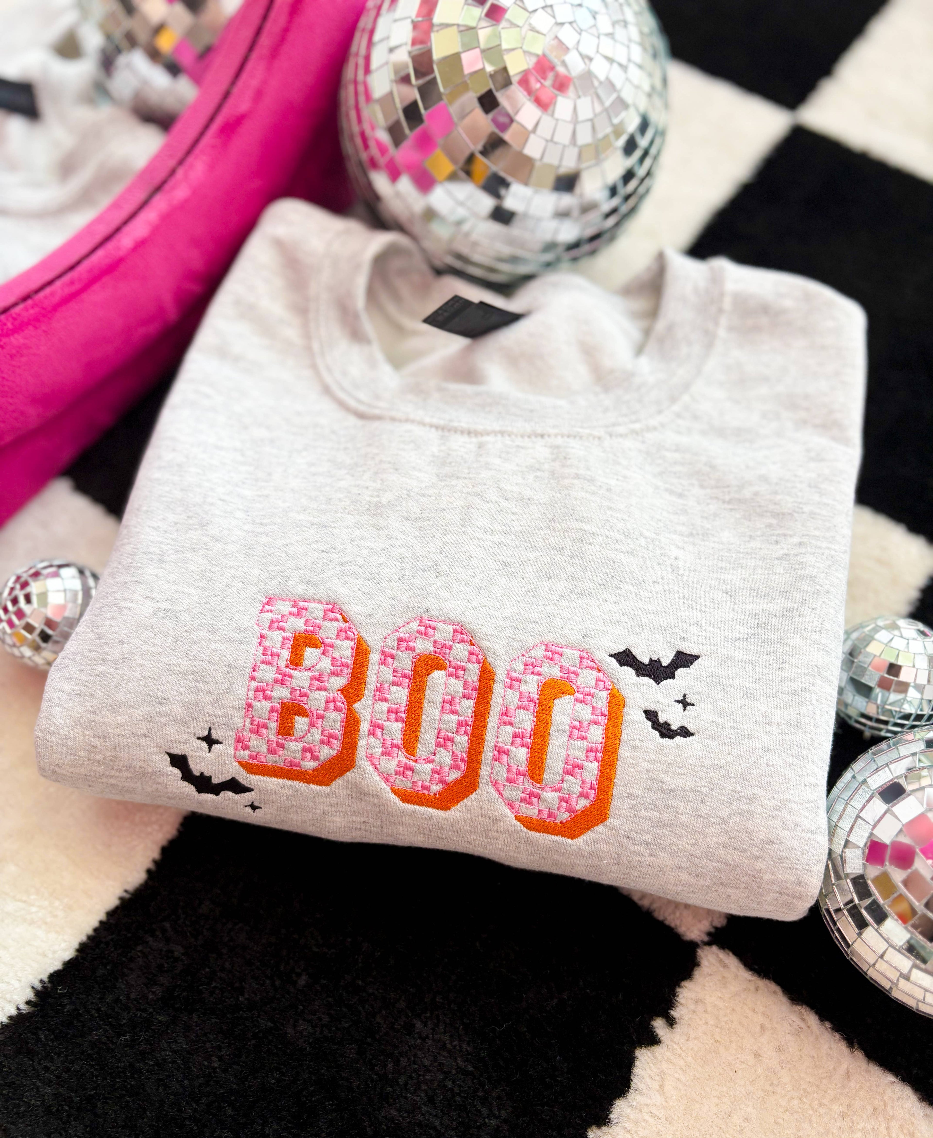 Boo Checkered Embroidered Crewneck | Spooky Sweatshirt T-Shirts, Hoodie | PodTeesHub.com