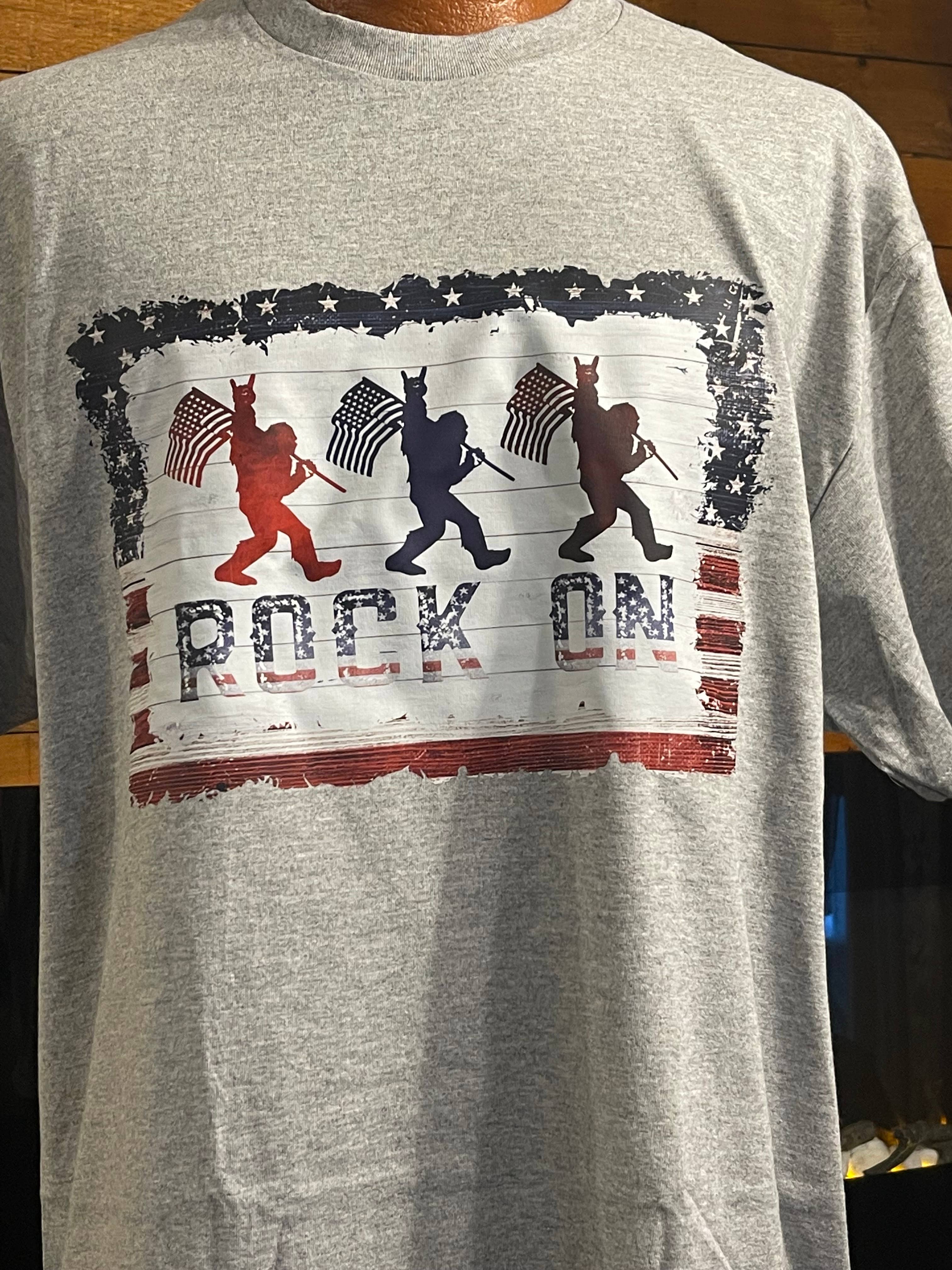 Patriotic Bigfoot "Rock On" T-Shirt (Grey) Hoodie, Sweatshirt | PodTeesHub.com