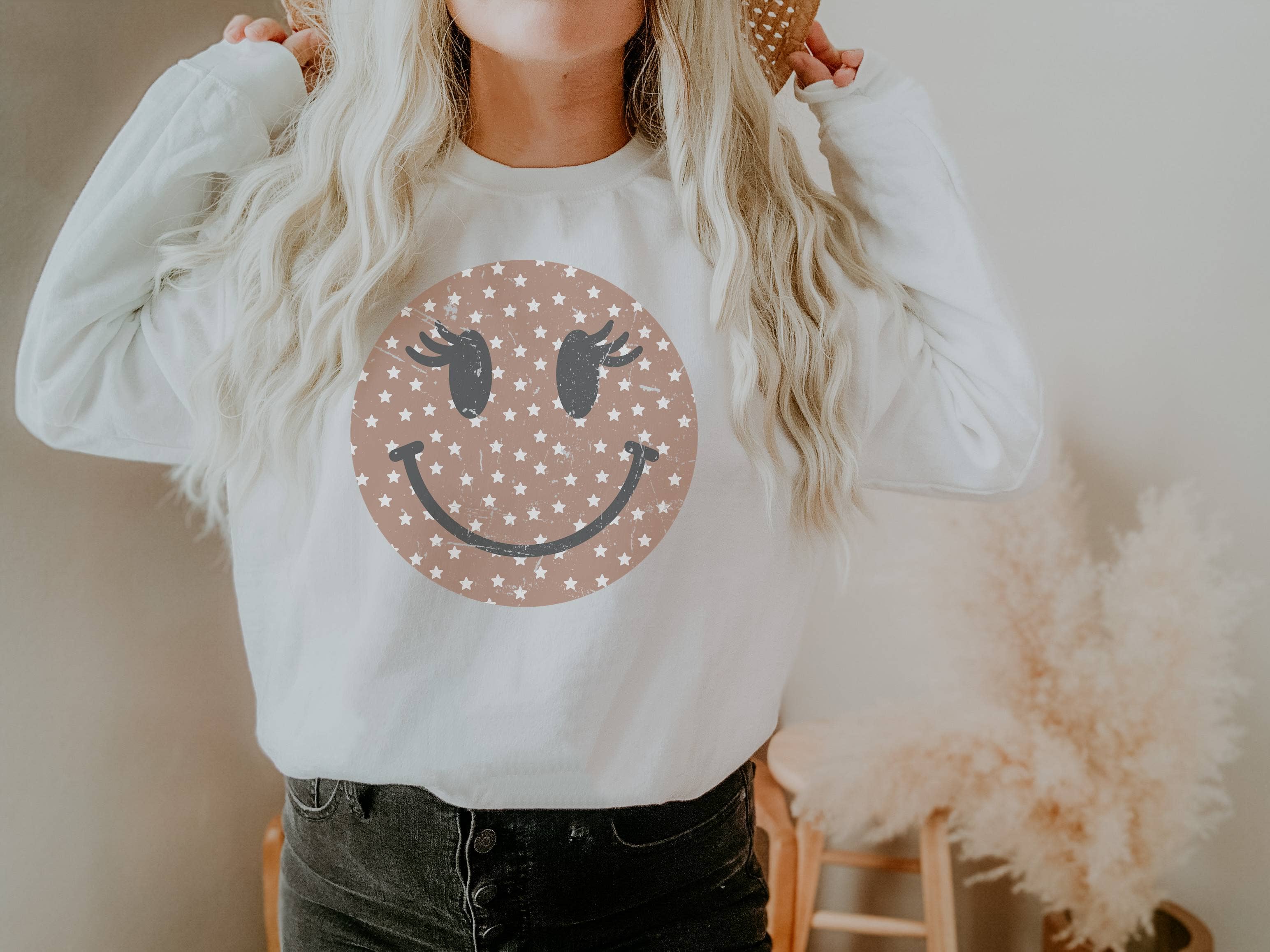 Grunge Happy Face Star Crew Neck Sweatshirt | Fall T-Shirts, Hoodie | PodTeesHub.com