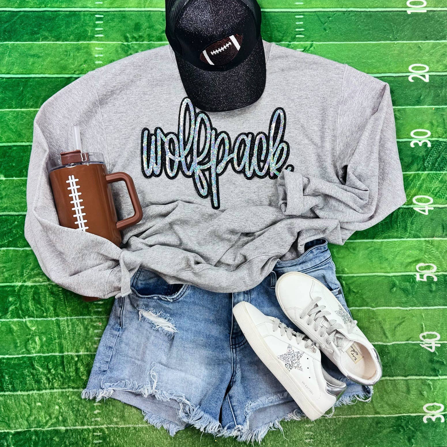 Wolfpack Sequin Patch Sport Grey Crewneck Sweatshirt T-Shirts, Hoodie | PodTeesHub.com