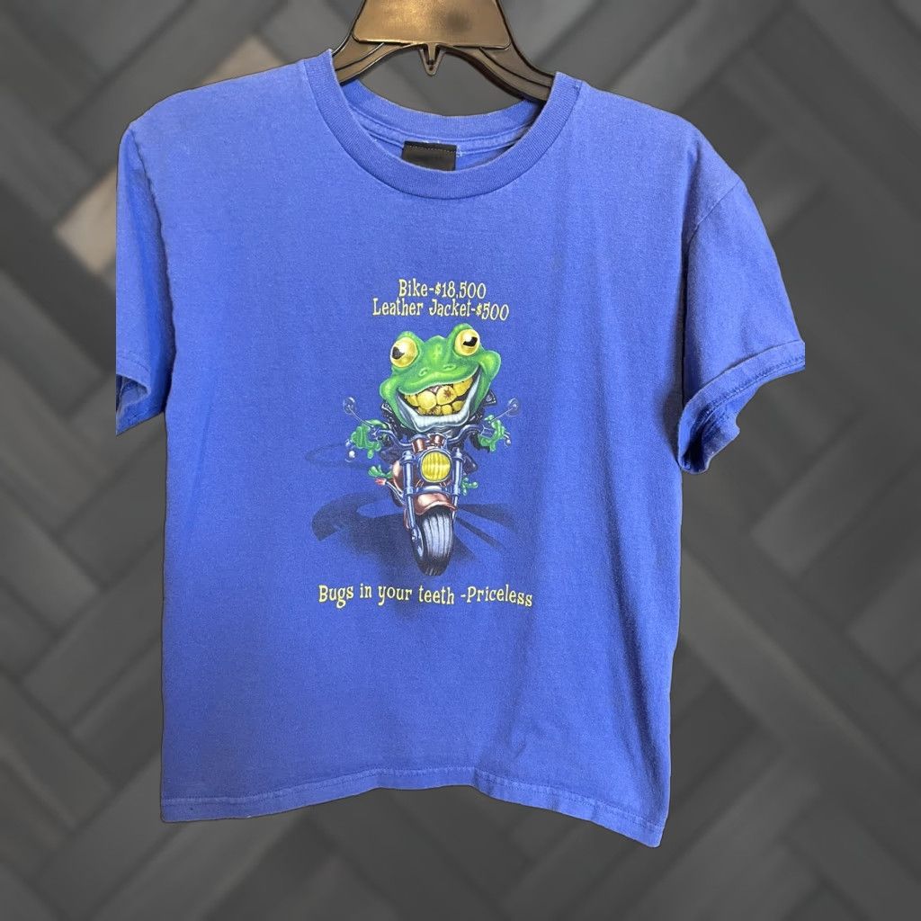 Vintage Bugs In Your Teeth Priceless Motorcycle Rider T Shirt Giant Shirt Men M Blue 1990s Punk Grap Hoodie, Sweatshirt