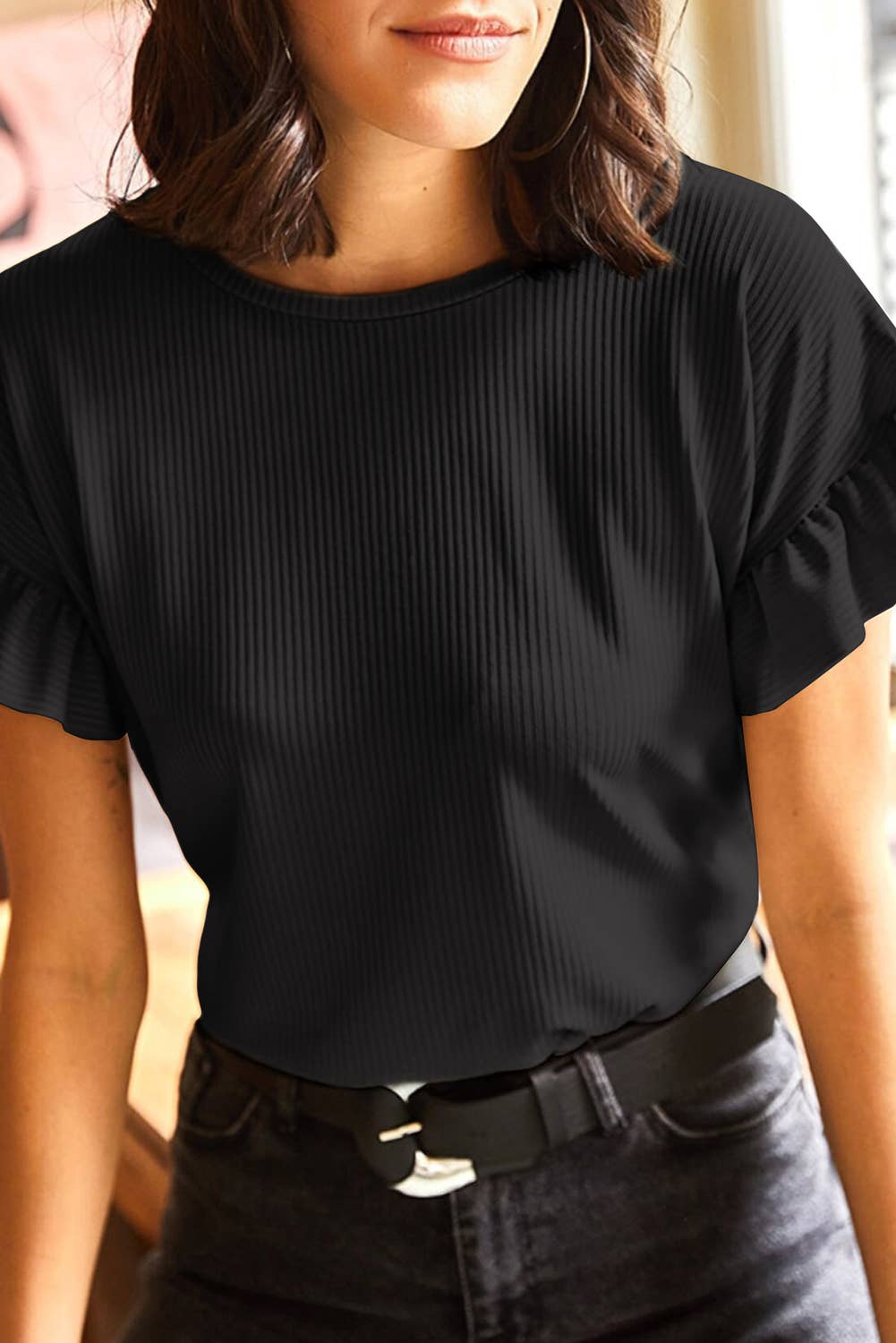 Solid Color Ribbed Ruffled Short Sleeve T Shirt (S-2XL) Hoodie, Sweatshirt | PodTeesHub.com
