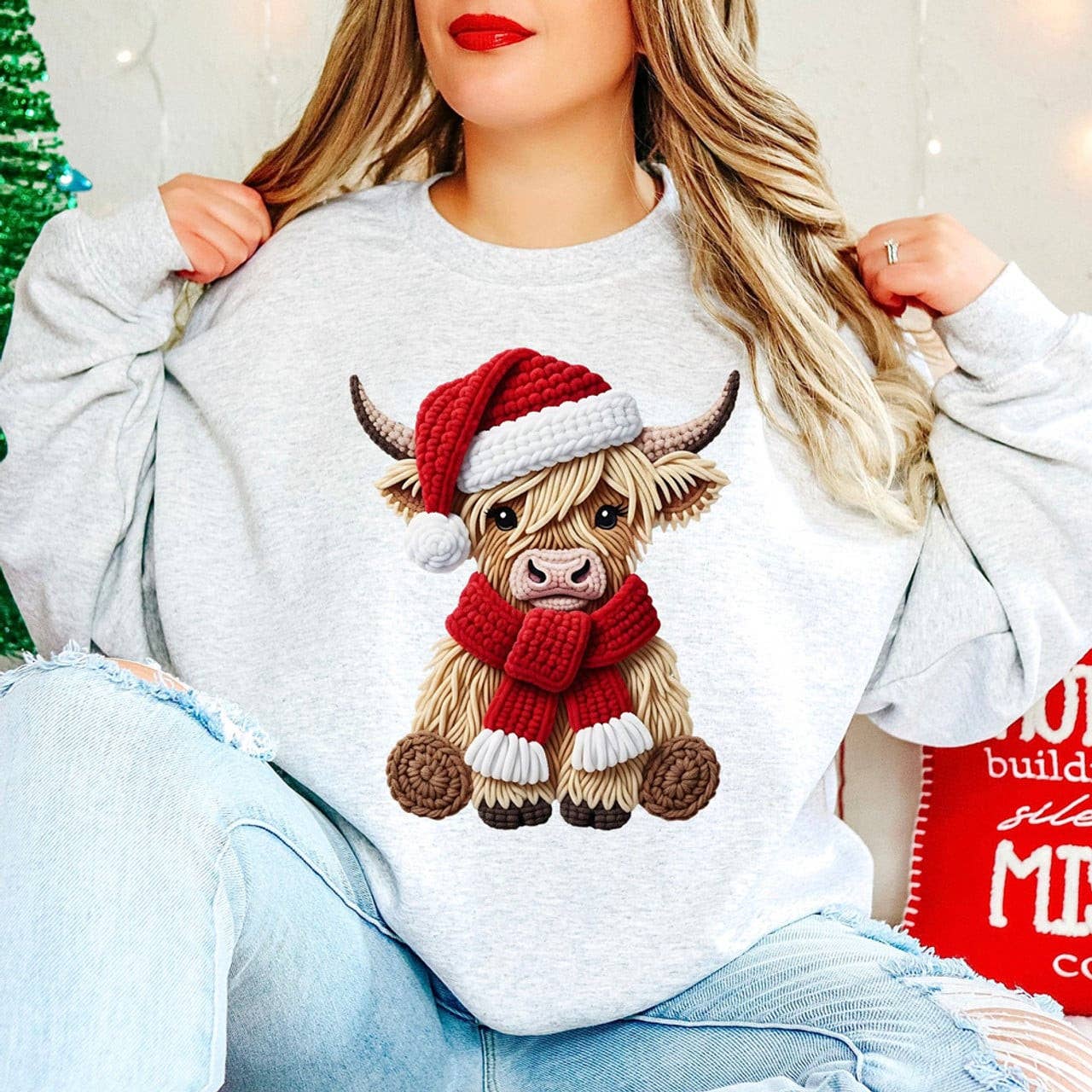 Faux Yarn Christmas Highland Cow Sweatshirt T-Shirts, Hoodie | PodTeesHub.com