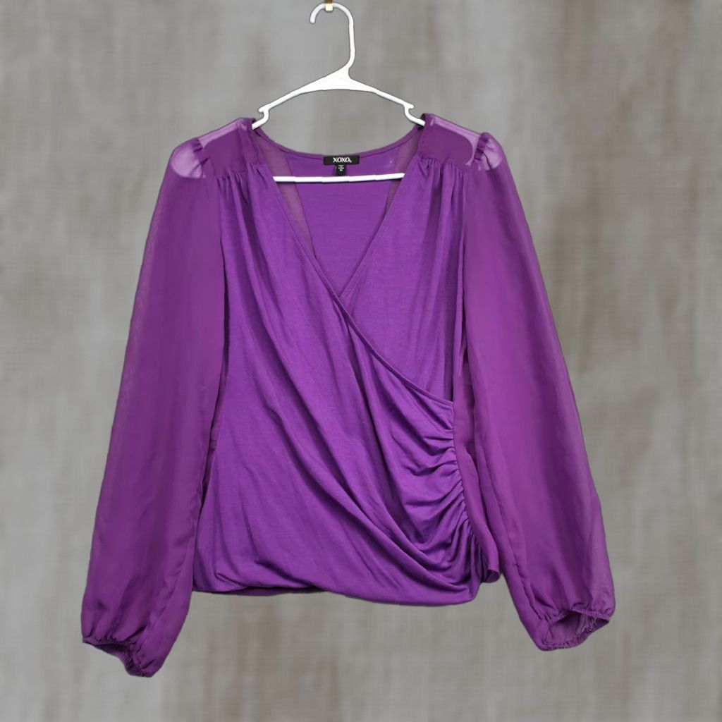 Xoxo Top M Purple Draped Surplice Ruched Sheer Statement Cocktail Shirt T-Shirts, Hoodie, Sweatshirt