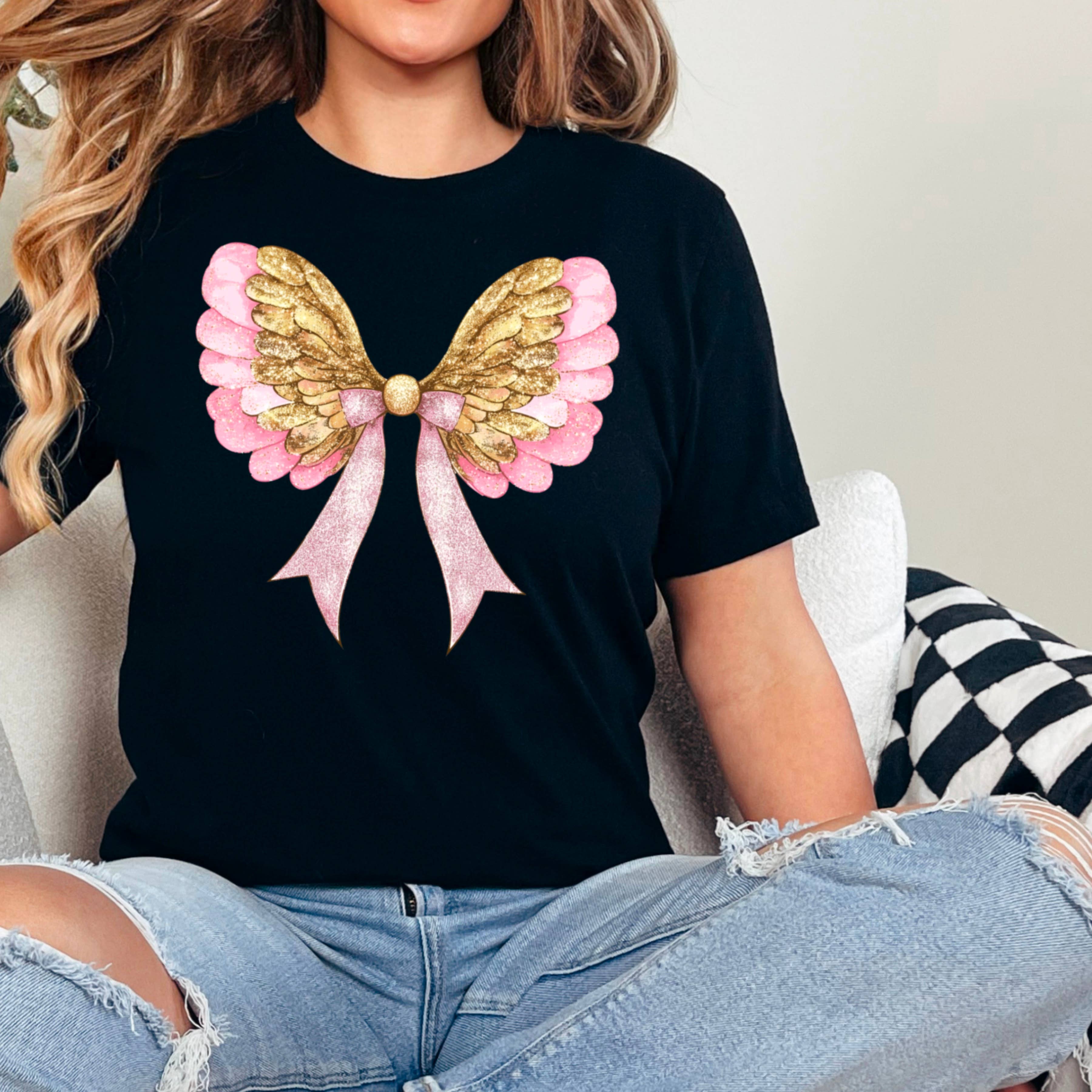 Coquette Angel Wings Faux Glitter Shirt | Bella Canvas Tee Hoodie, Sweatshirt | PodTeesHub.com