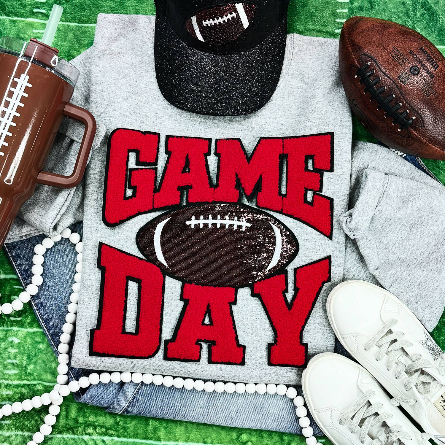 Red Chenille Game Day with Sequin Football Patch Sport Grey Crewneck Sweatshirt T-Shirts, Hoodie | PodTeesHub.com