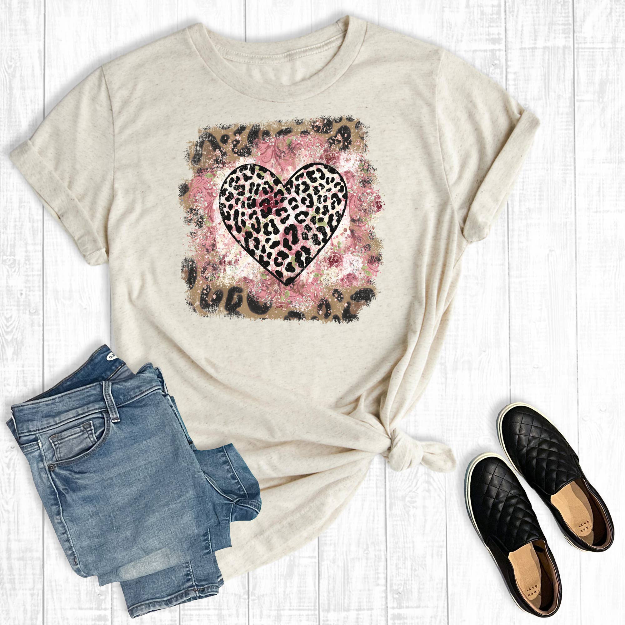 Valentine's Day Leopard Floral Heart Graphic Tee Hoodie, Sweatshirt | PodTeesHub.com