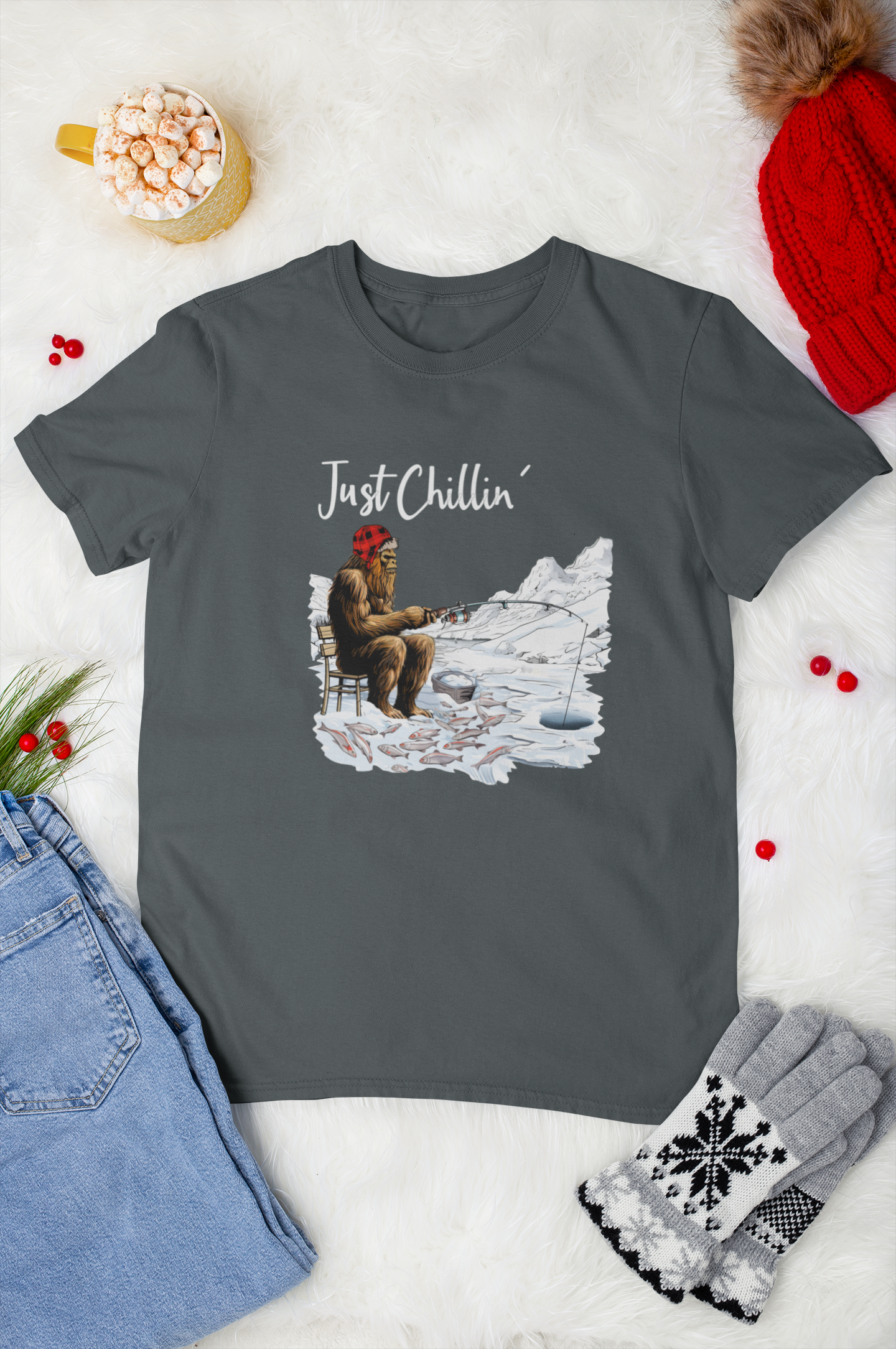 Bigfoot Ice Fishing T-Shirt - Customizable with Location Hoodie, Sweatshirt | PodTeesHub.com