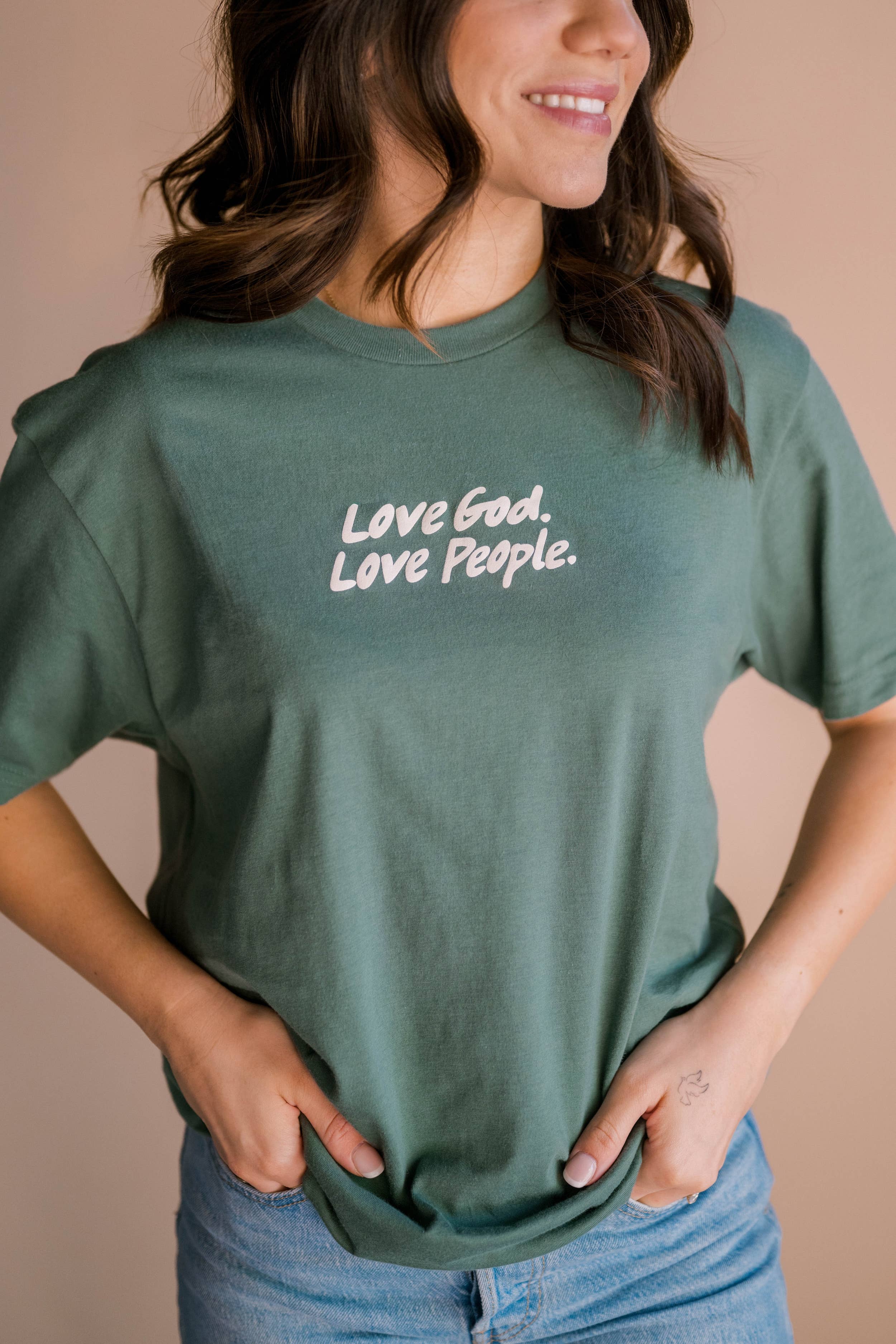 Love God Love People Tee- Muted Green | Christian Tee Hoodie, Sweatshirt | PodTeesHub.com