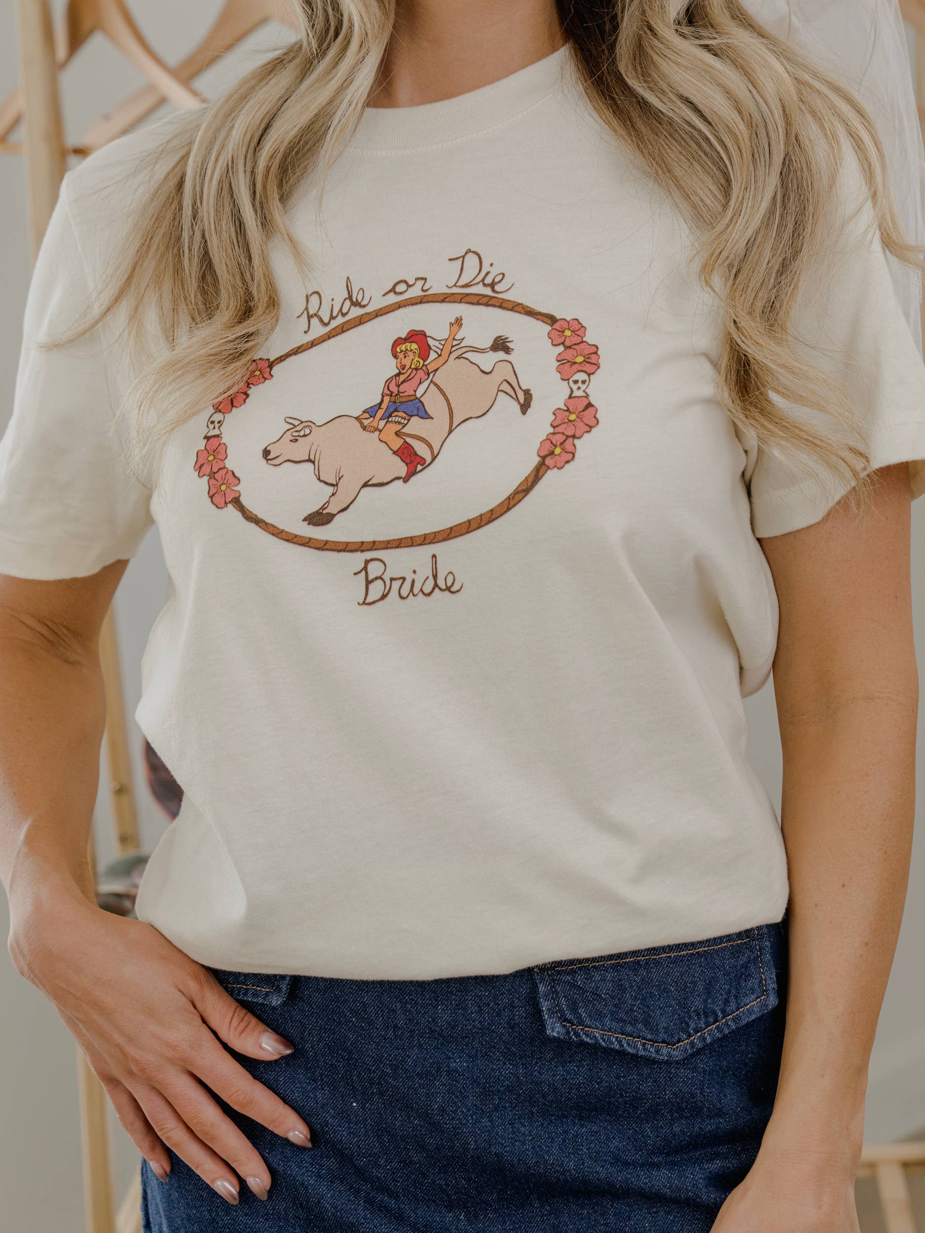 Ride or Die Bride Cowgirl Vintage White Ellie Perfect Tee Hoodie, Sweatshirt | PodTeesHub.com