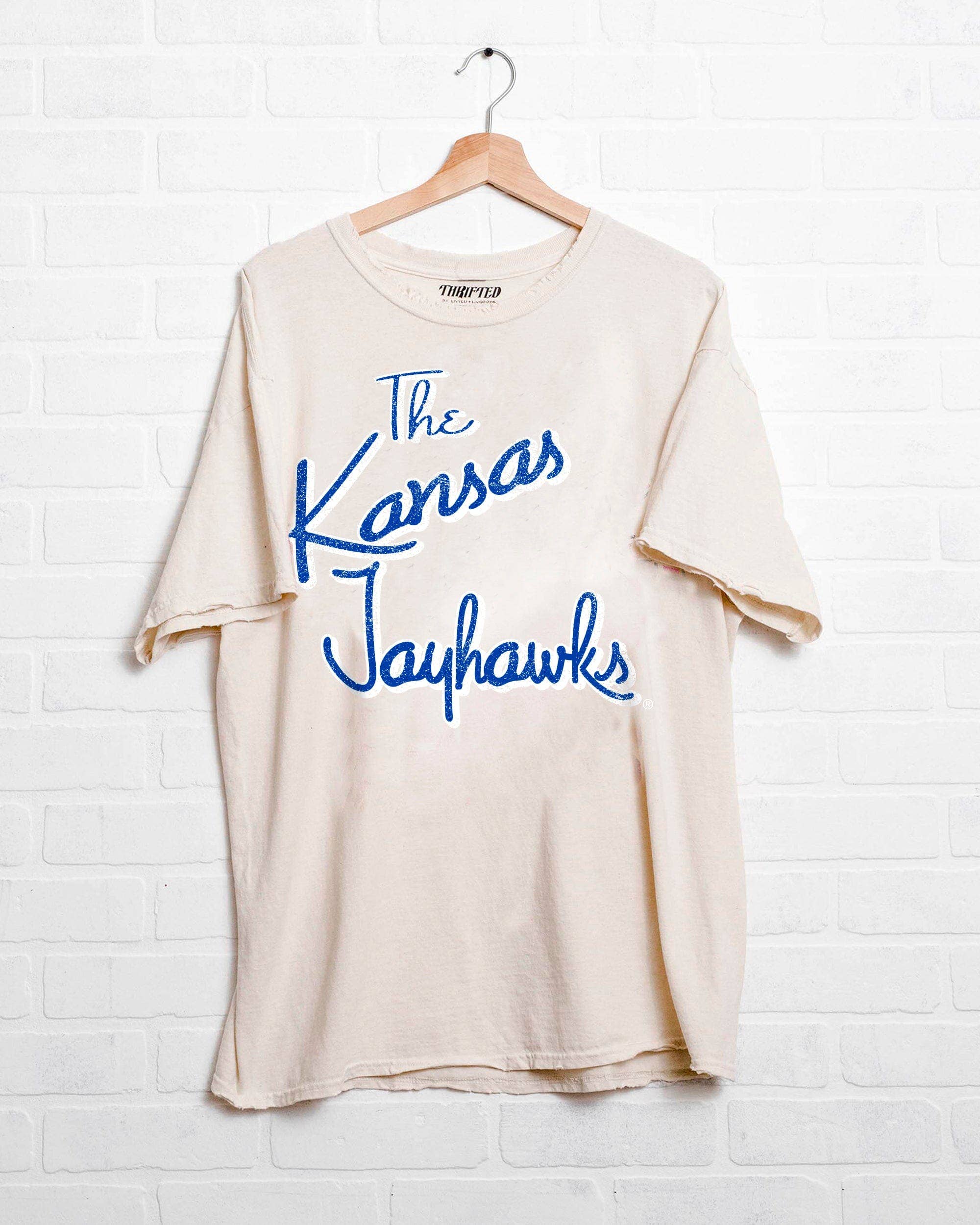 University of Kansas Jayhawks Beverly Off White Thrifted Tee Hoodie, Sweatshirt | PodTeesHub.com