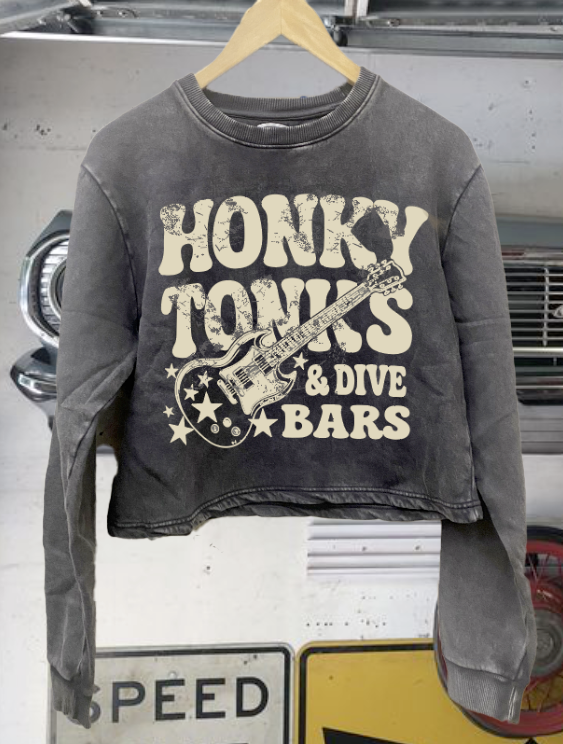 Honky Tonks & Dive Bars Acid Wash Cropped Crew Sweatshirt T-Shirts, Hoodie | PodTeesHub.com