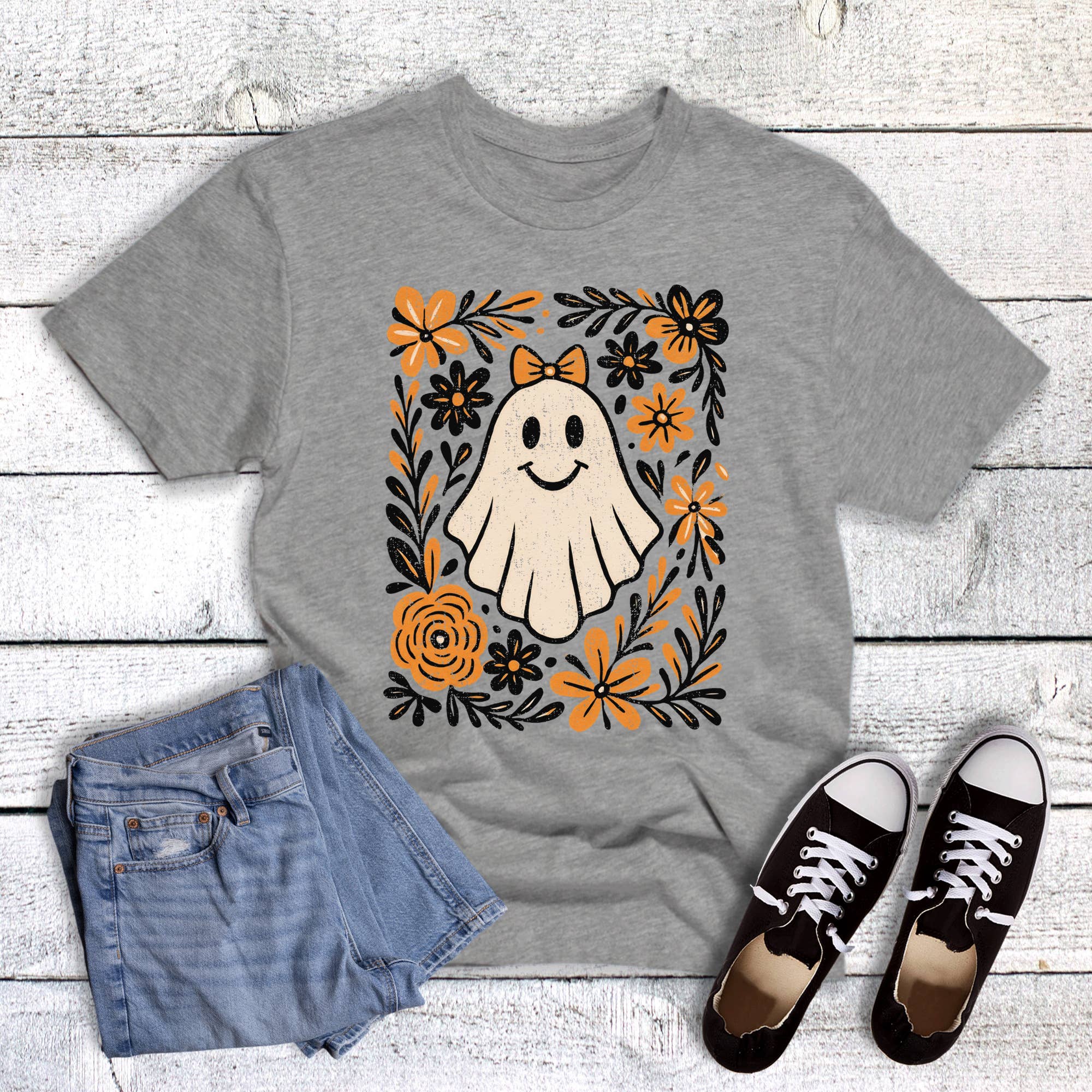 Fall Halloween Floral Ghost Graphic Tee Hoodie, Sweatshirt | PodTeesHub.com
