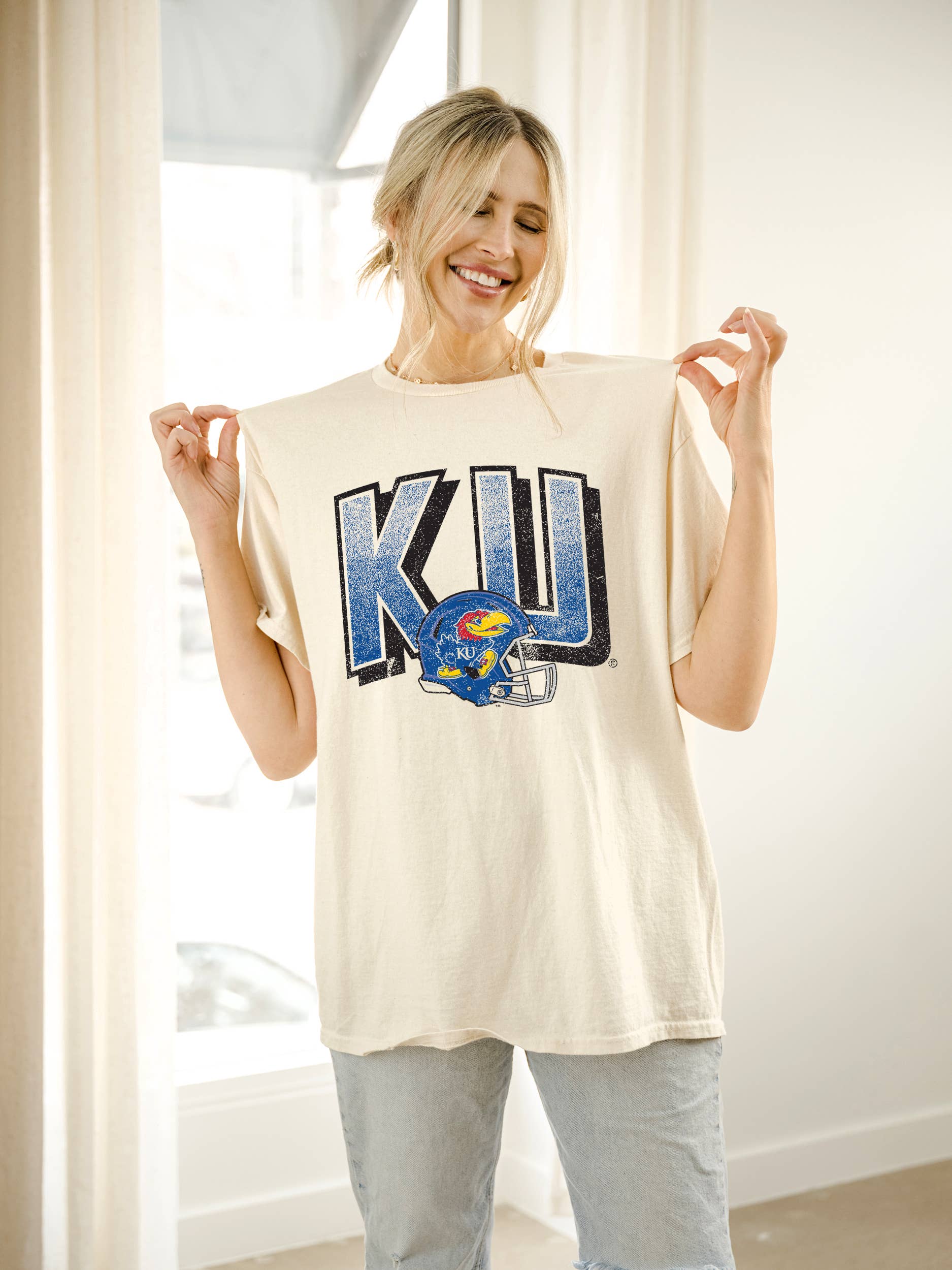 Ku Jayhawks Helmet Fade Off White Thrifted Tee Hoodie, Sweatshirt | PodTeesHub.com