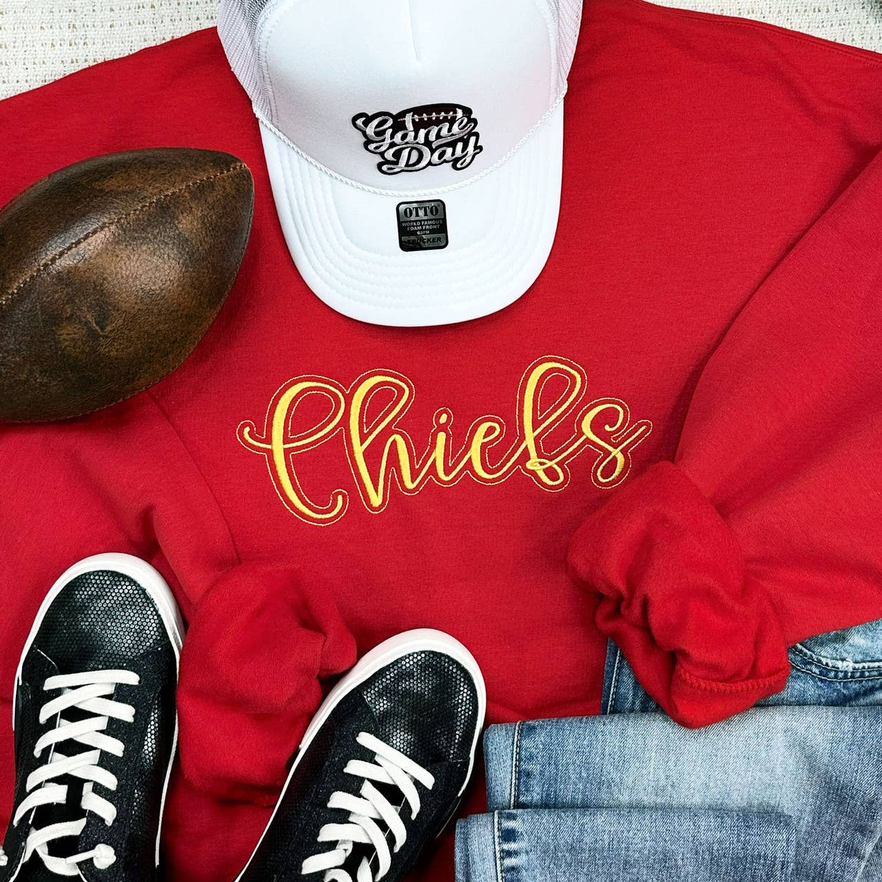 Chiefs Embroidered Red Crewneck Sweatshirt T-Shirts, Hoodie | PodTeesHub.com