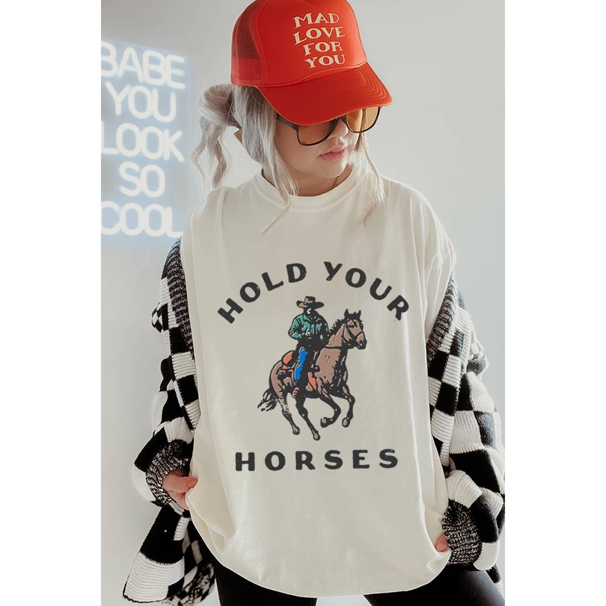 Hold Your Horses Vintage Graphic Oversized Tee Hoodie, Sweatshirt | PodTeesHub.com