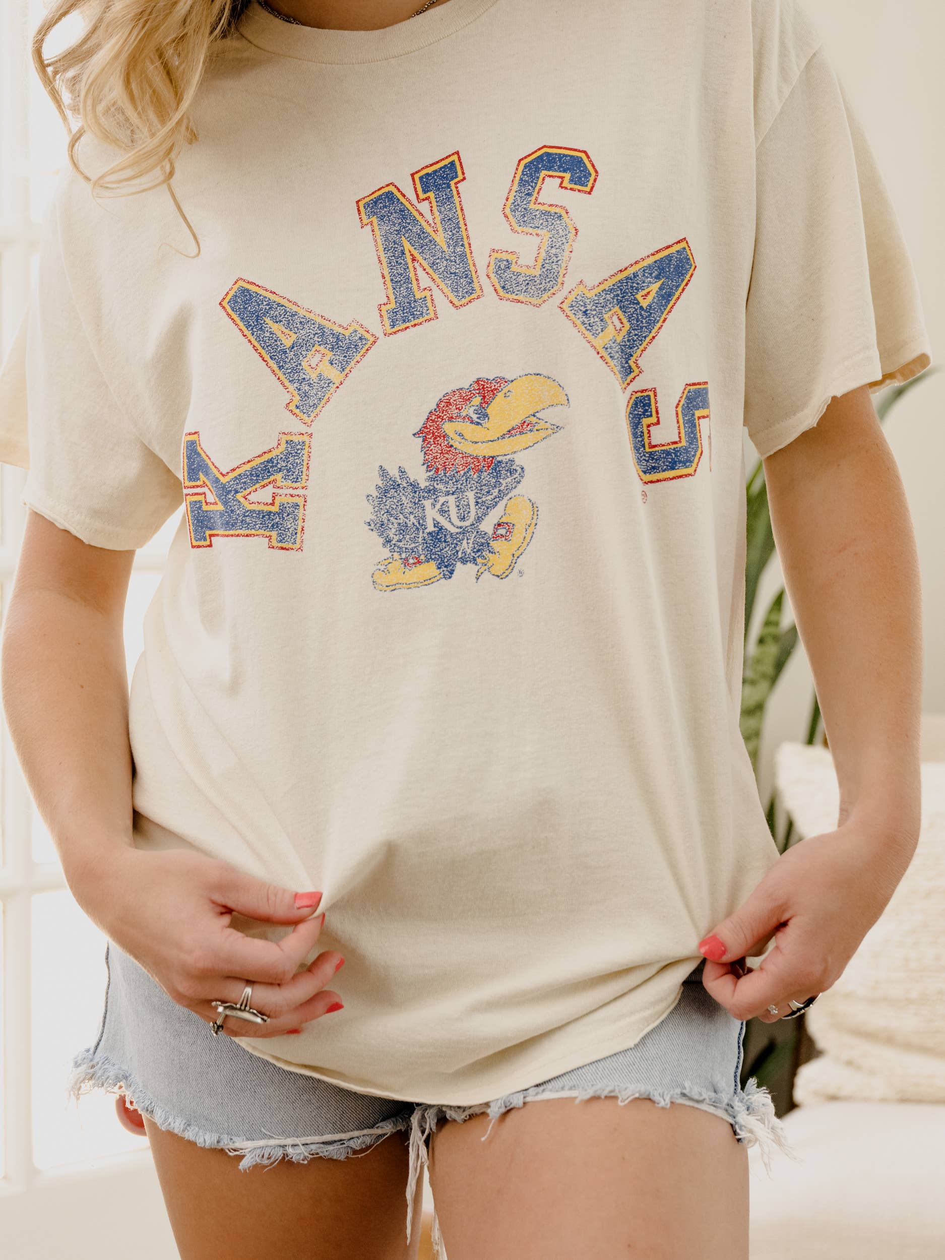 Ku Kansas Jayhawks Mega Arch Off White Thrifted Tee Hoodie, Sweatshirt | PodTeesHub.com