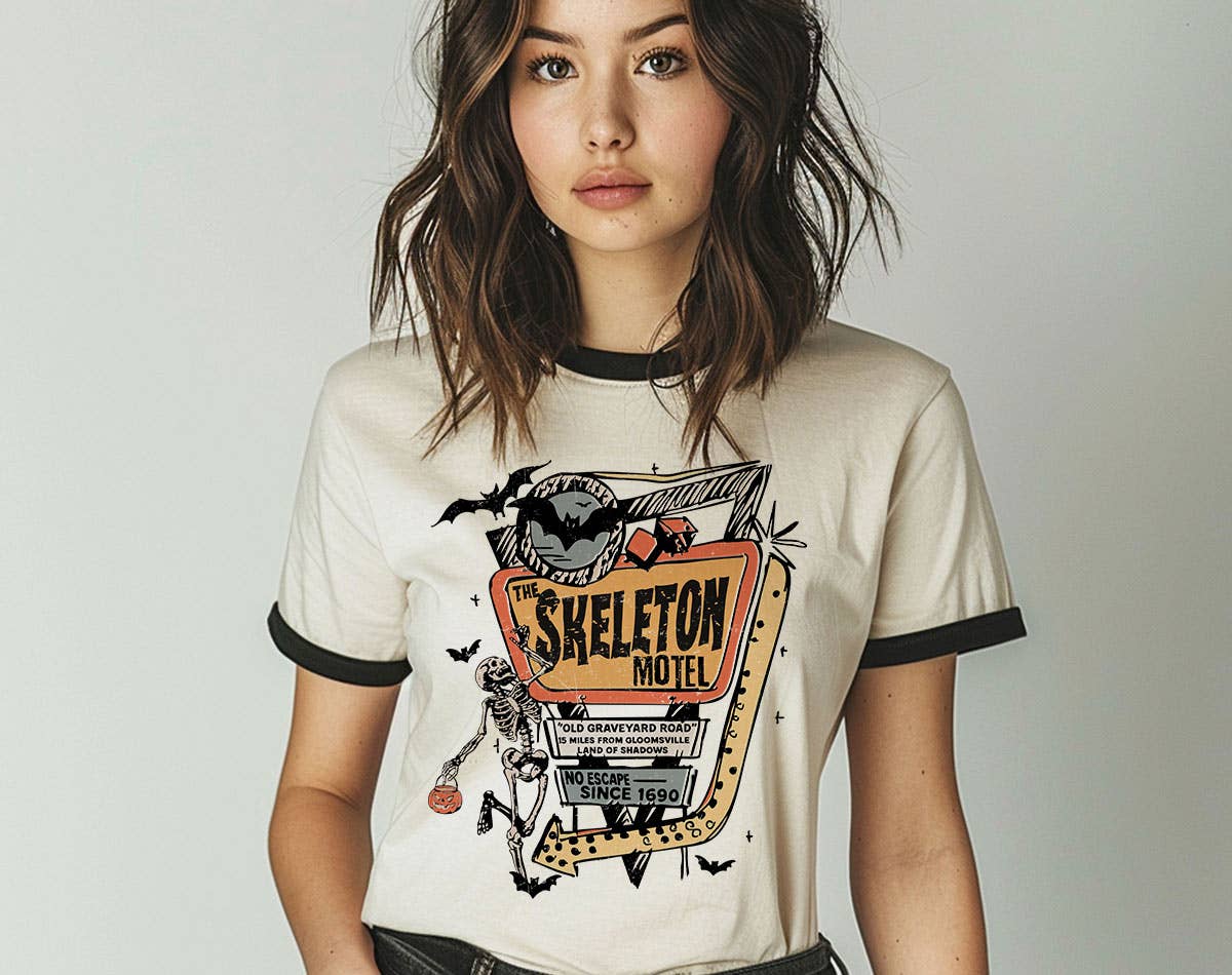 The Skeleton Motel - Halloween Bat Retro Ringer Shirt Hoodie, Sweatshirt | PodTeesHub.com