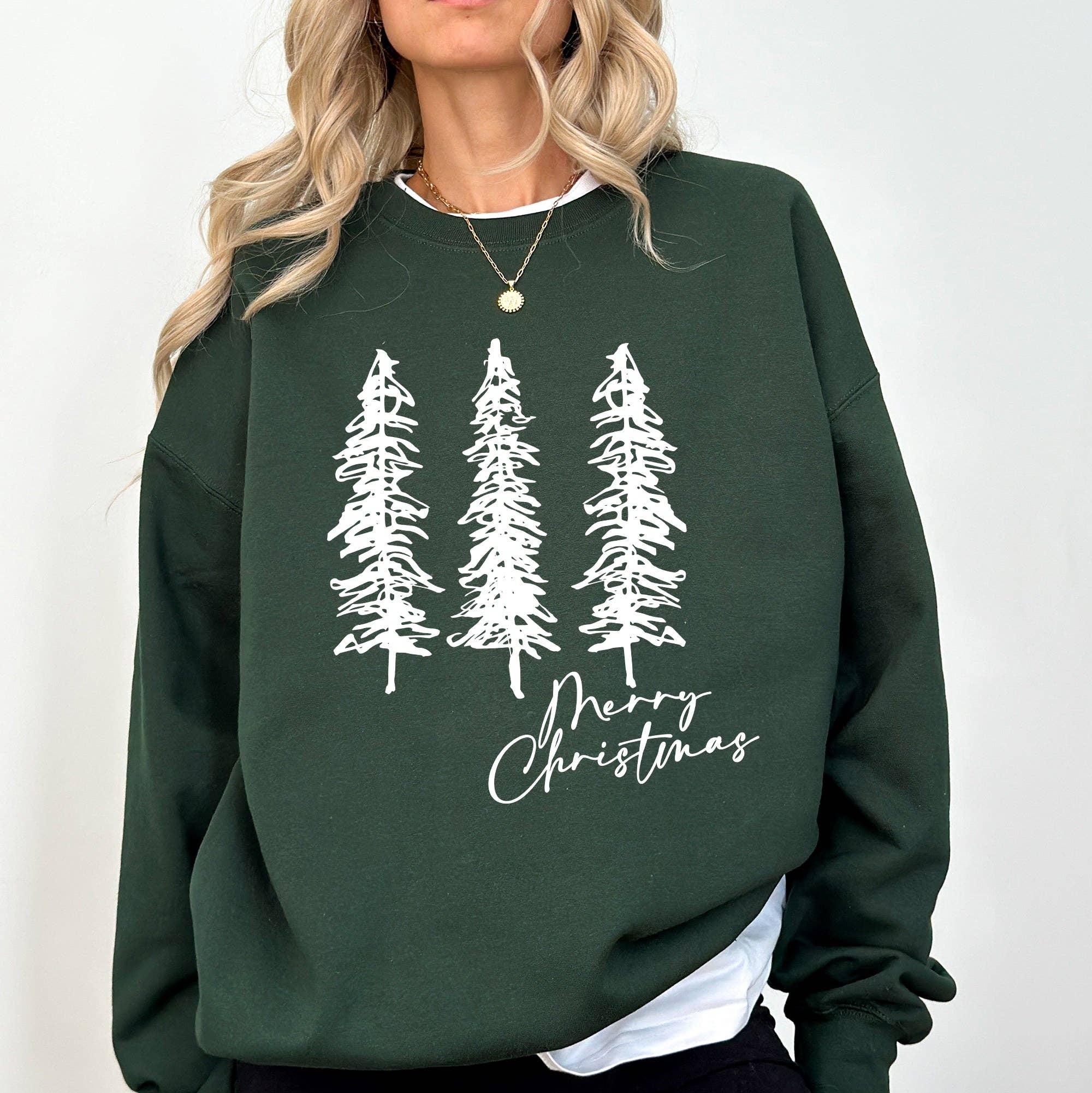 Merry Christmas, Sketched Pine Trees, Minimalist Sweatshirt T-Shirts, Hoodie | PodTeesHub.com