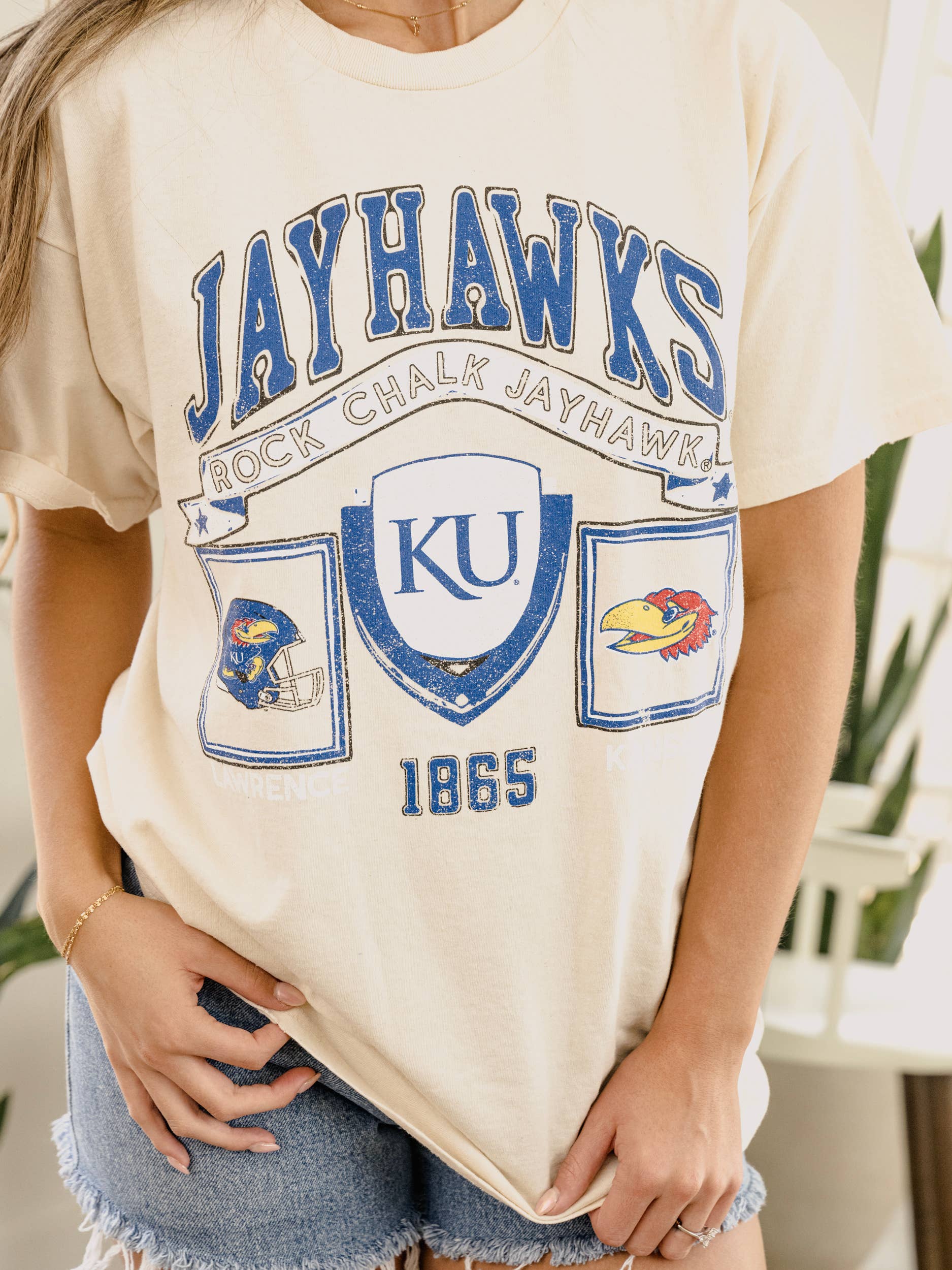 Ku Kansas Jayhawks Prep Patch Off White Thrifted Tee Hoodie, Sweatshirt | PodTeesHub.com