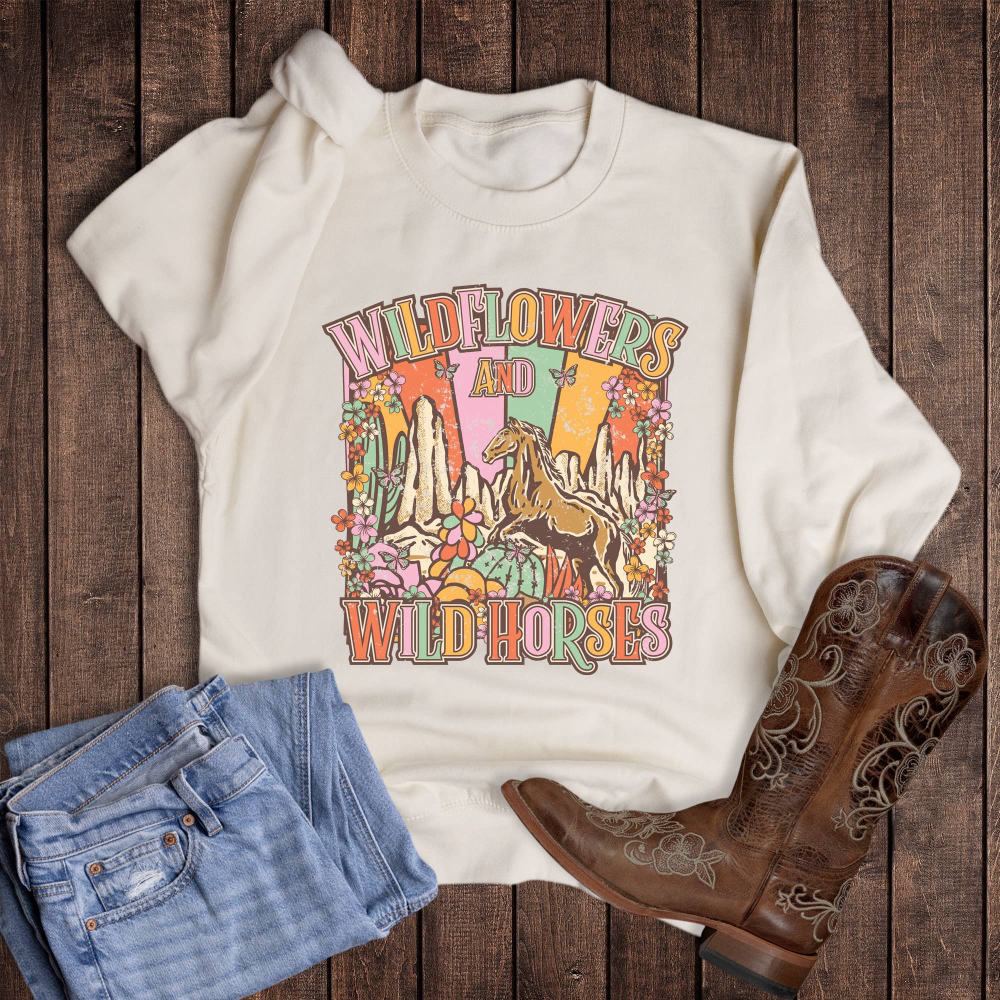 Western Wildflowers and Wild Horses Sweatshirt T-Shirts, Hoodie | PodTeesHub.com