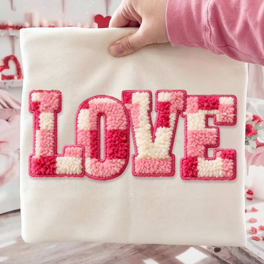 Faux Chenille Checkered Love Tee Hoodie, Sweatshirt | PodTeesHub.com