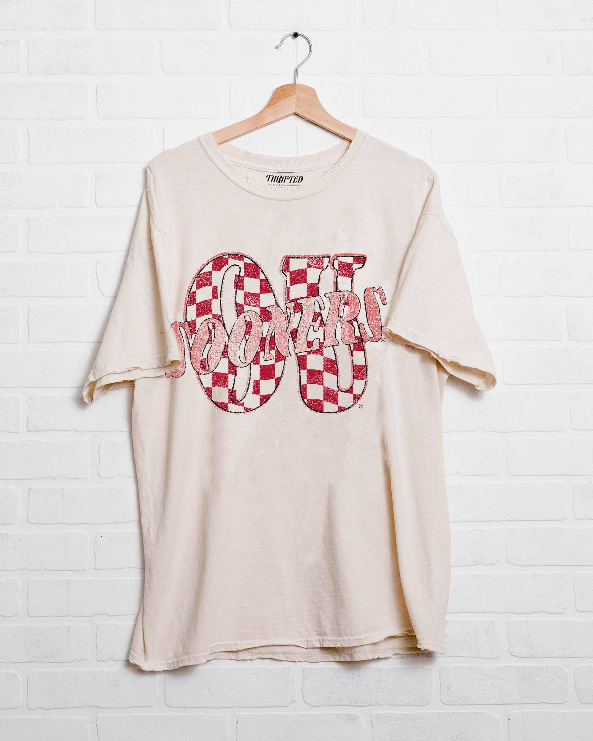 Ou Oklahoma Sooners Twisted Check Off White Thrifted Tee Hoodie, Sweatshirt | PodTeesHub.com