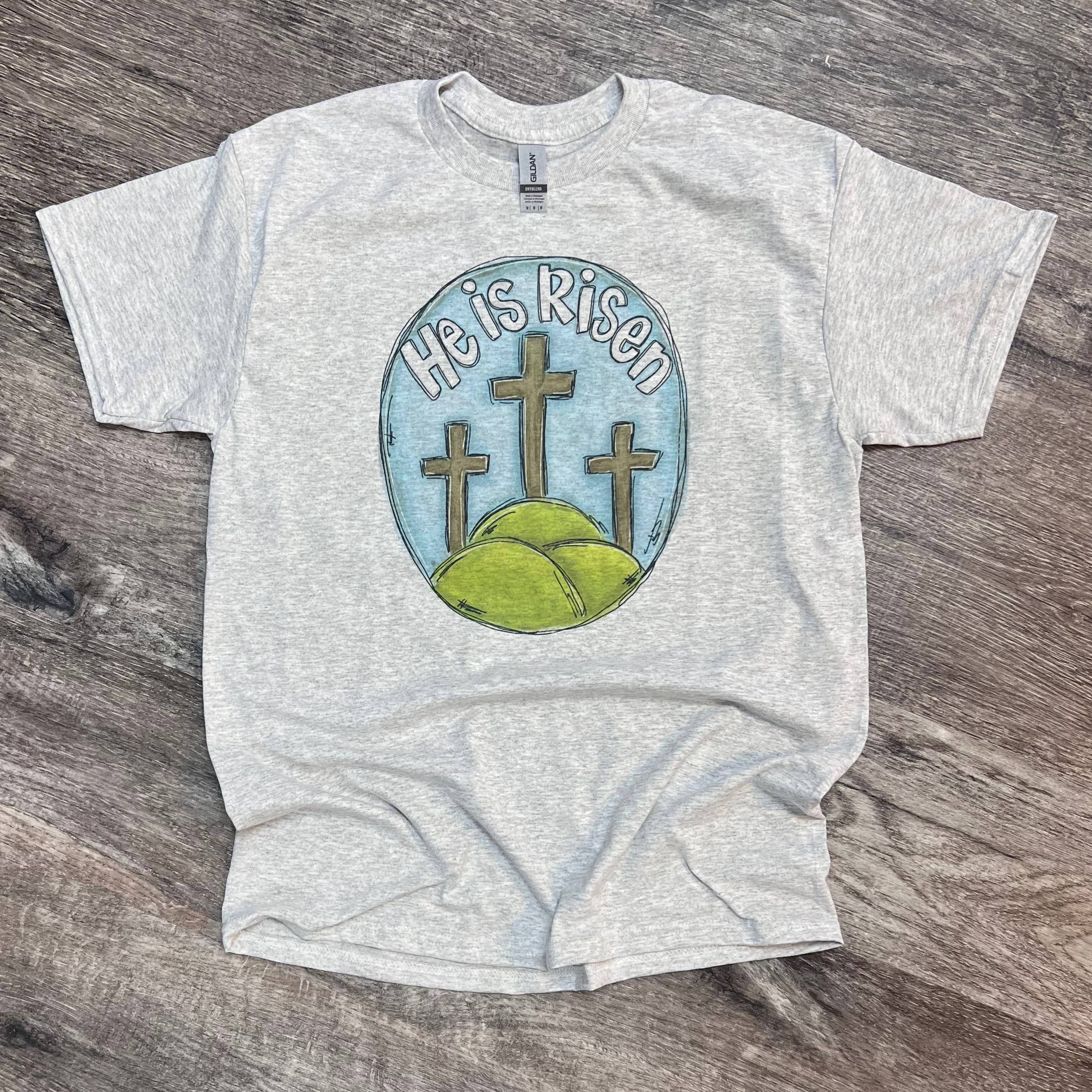 He Is Risen Three Crosses On Ash Gray Tee Hoodie, Sweatshirt | PodTeesHub.com