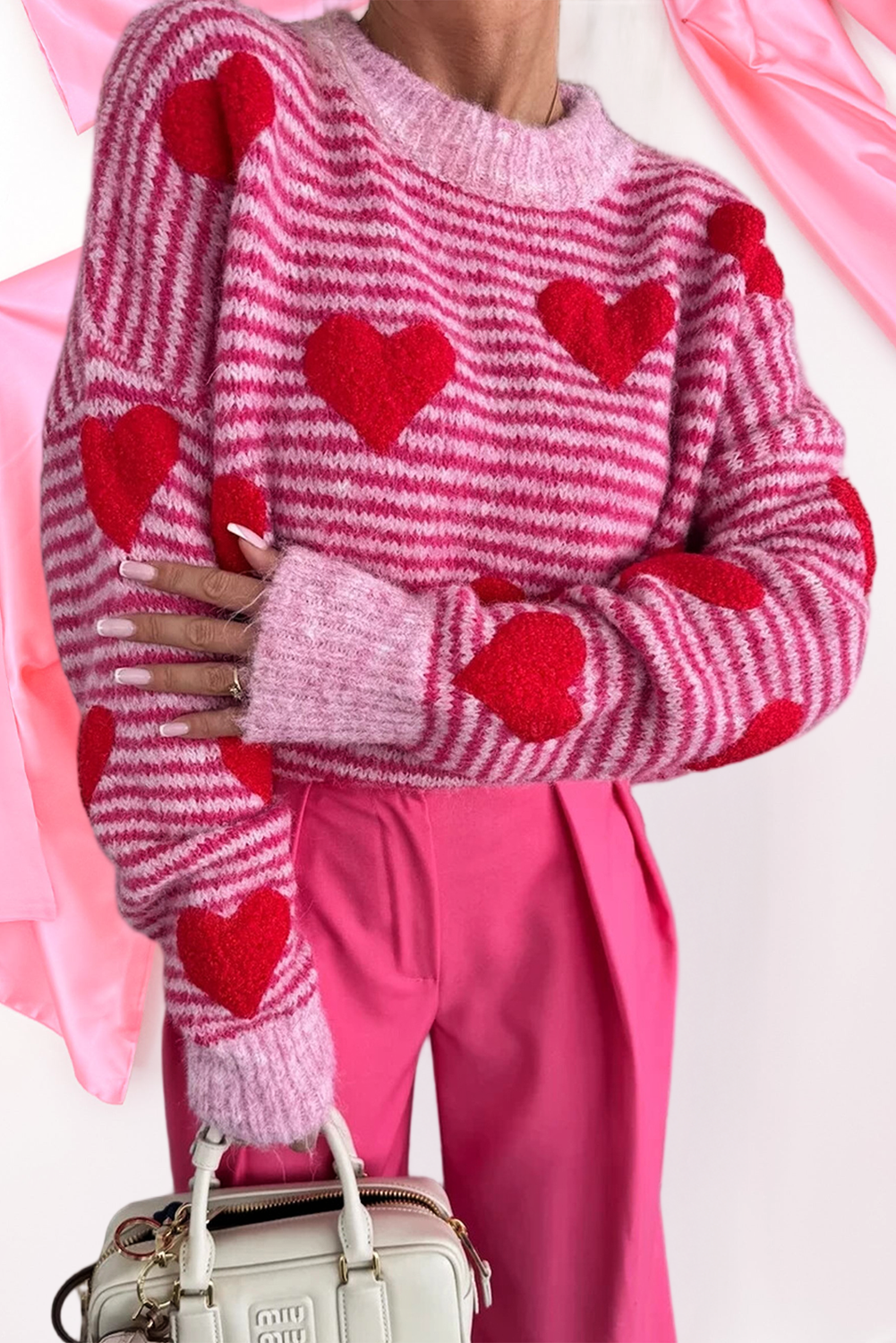 Stripe Contrast Heart Pattern Brushed Knit Sweater (S-Xl) T-Shirts, Hoodie, Sweatshirt | PodTeesHub.com