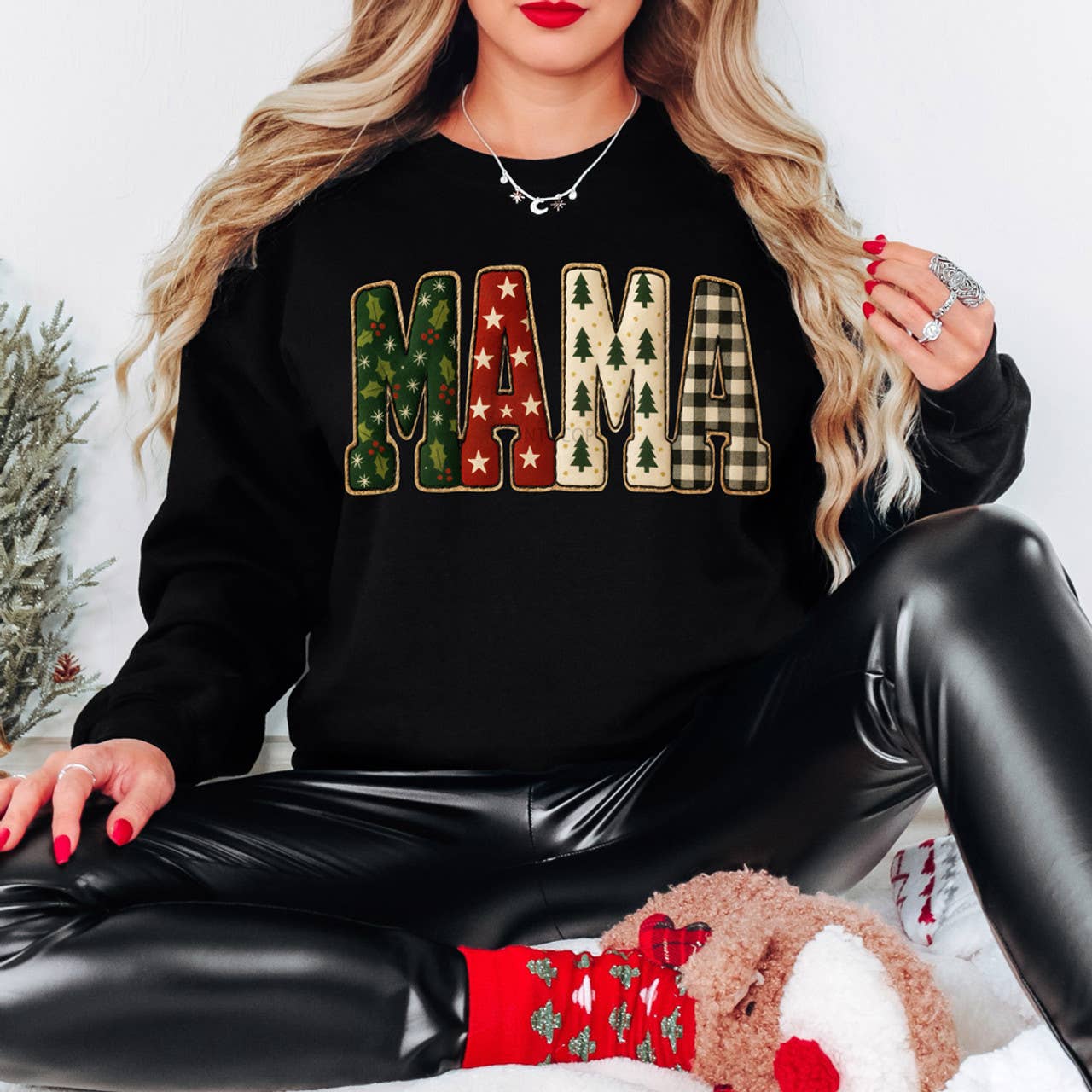 Patterned Christmas Mama Faux Embroidery Sweatshirt T-Shirts, Hoodie | PodTeesHub.com