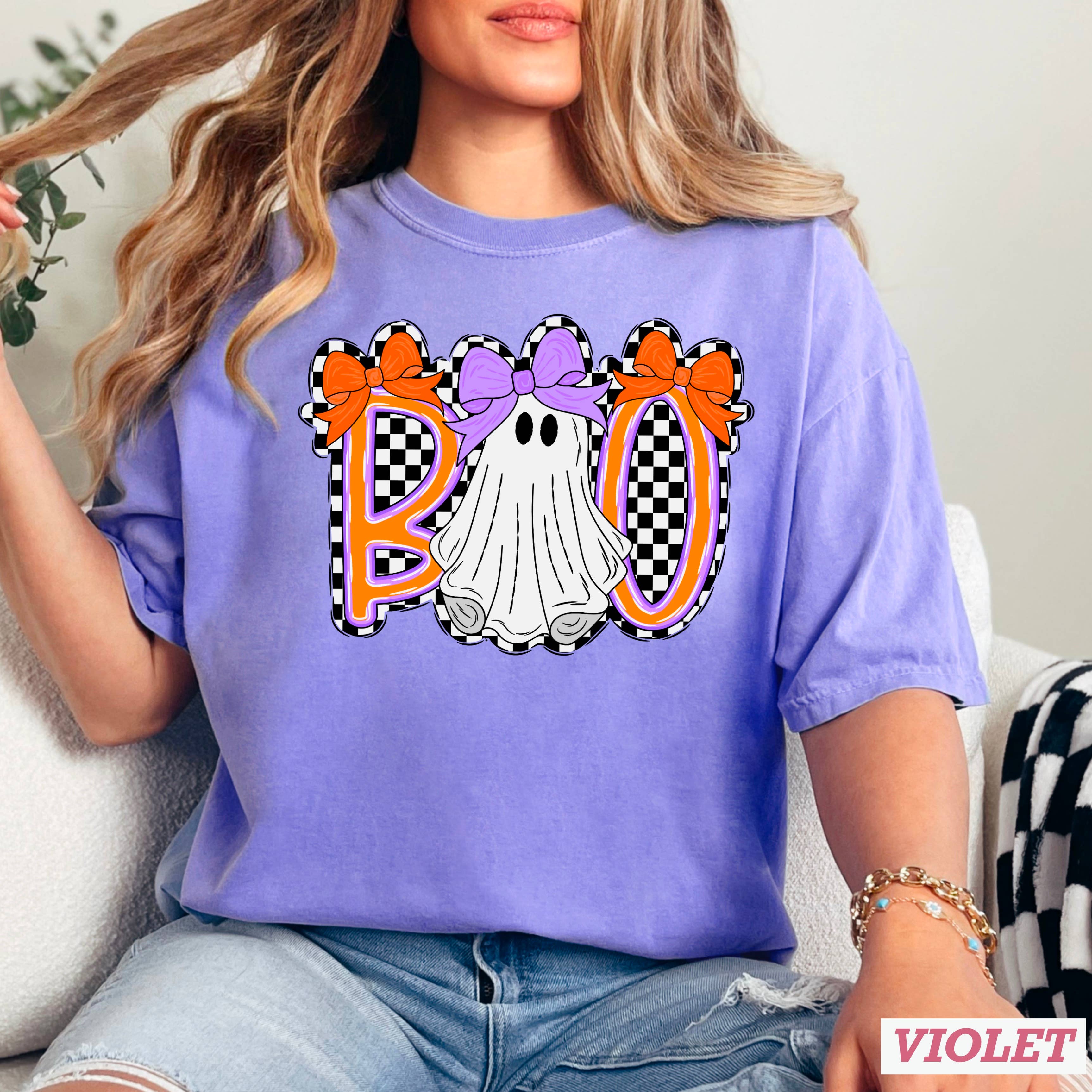 Halloween 2025 Checkered Boo Graphic Shirt | Comfort Color Hoodie, Sweatshirt | PodTeesHub.com
