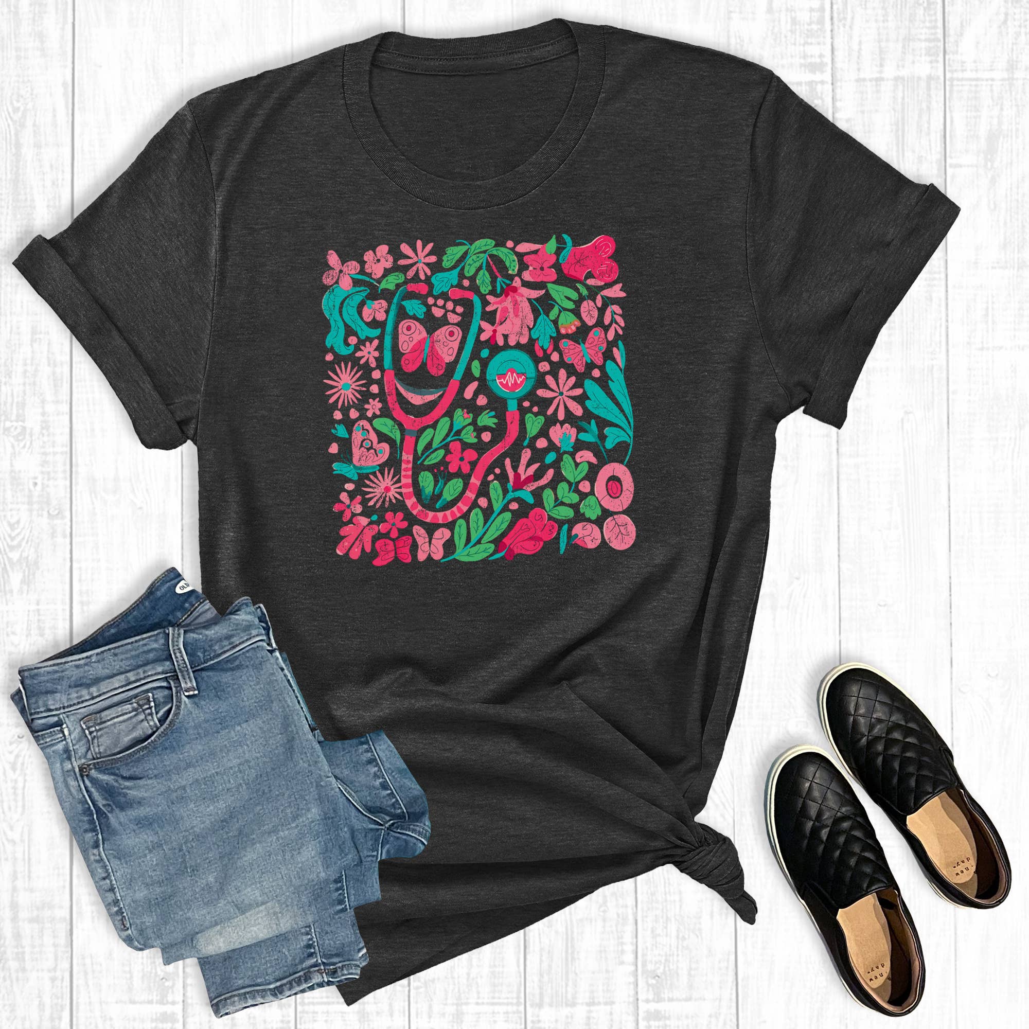 Retro Floral Nurse Stethoscope Graphic Tee Hoodie, Sweatshirt | PodTeesHub.com