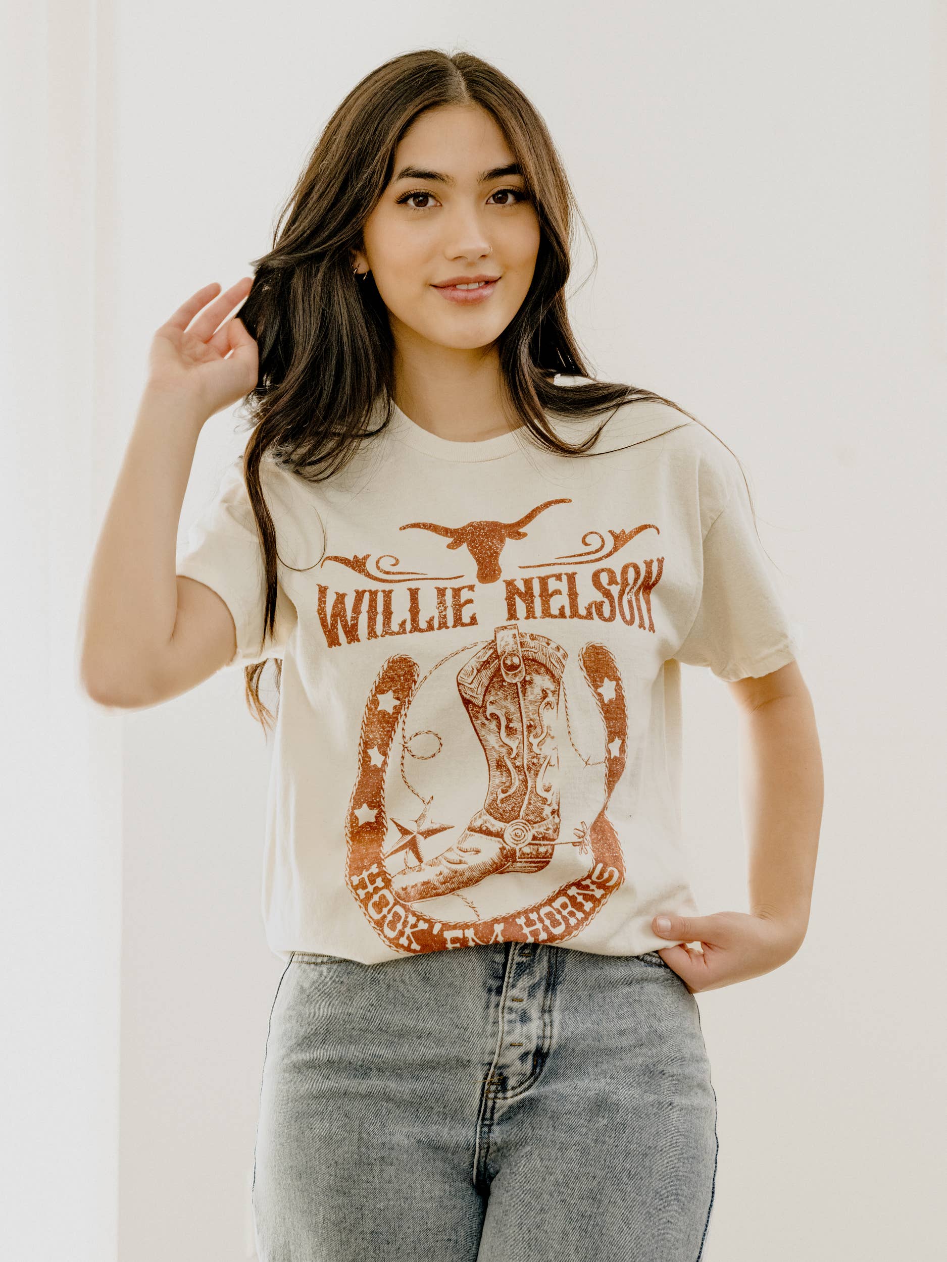 Willie Nelson Ut Hook Em Boot Off White Thrifted Tee Hoodie, Sweatshirt | PodTeesHub.com