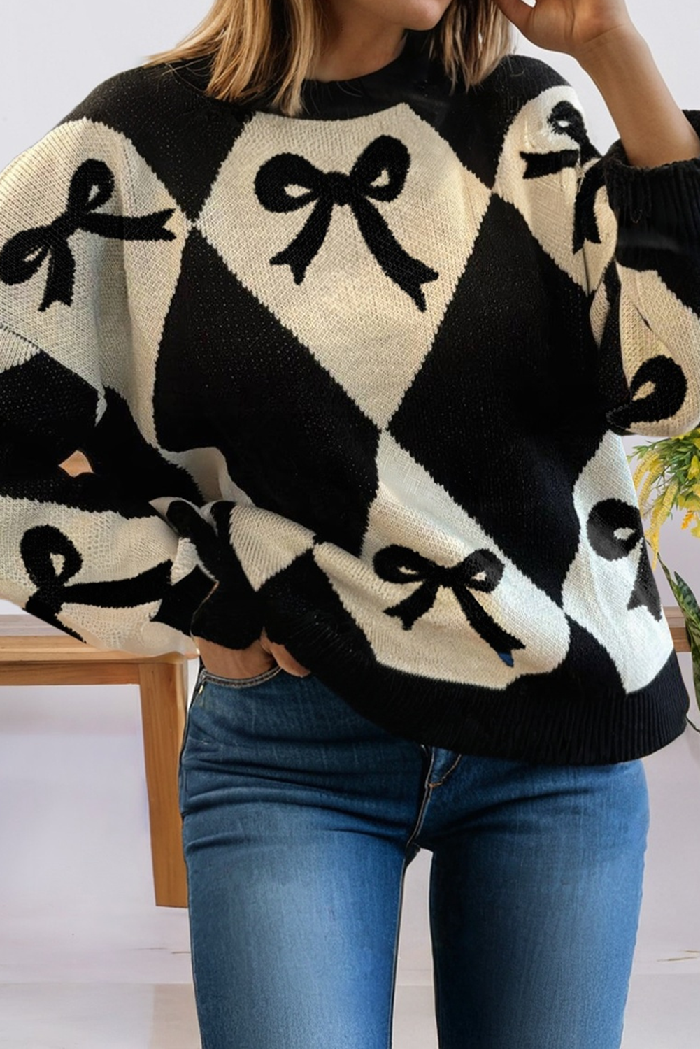 Valentine Bow Print 2-tone Rhombus Knit Loose Sweater (S-Xl) T-Shirts, Hoodie, Sweatshirt | PodTeesHub.com