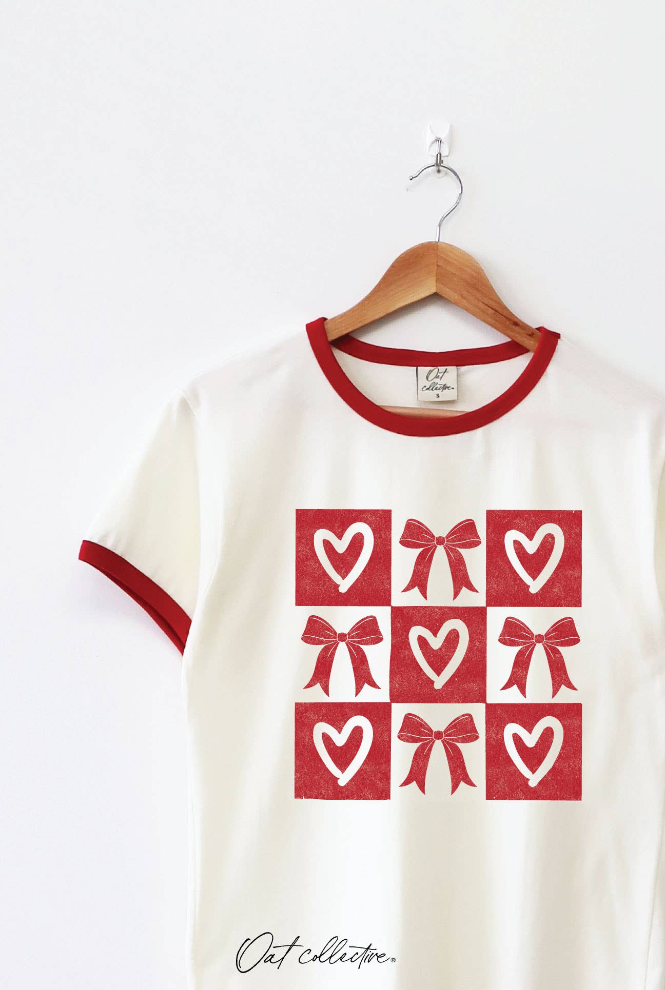 Bow and Heart Grid Ringer Graphic T-Shirt Hoodie, Sweatshirt | PodTeesHub.com