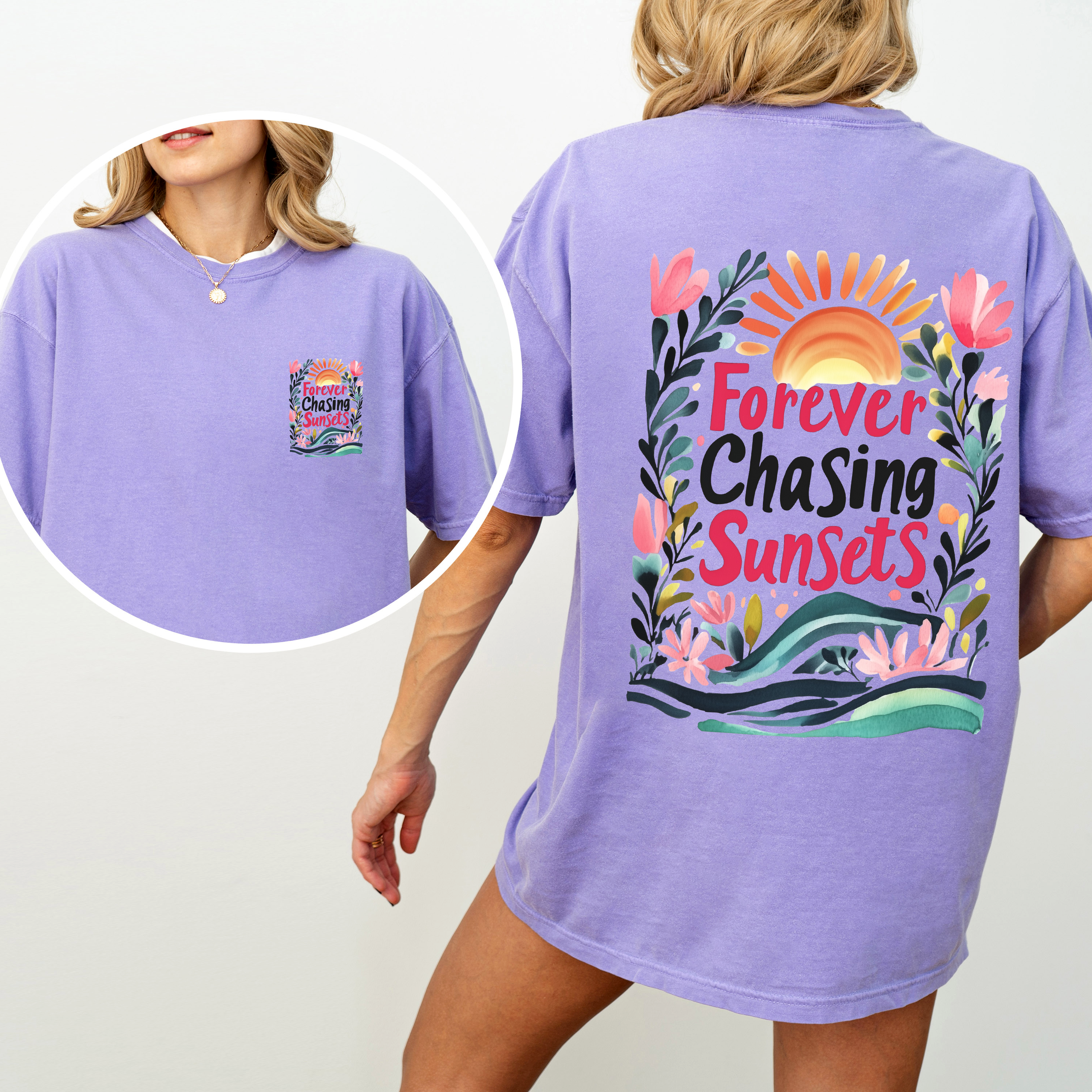 Forever Chasing Sunsets, Beach, Summer Botanical T-Shirt Hoodie, Sweatshirt | PodTeesHub.com