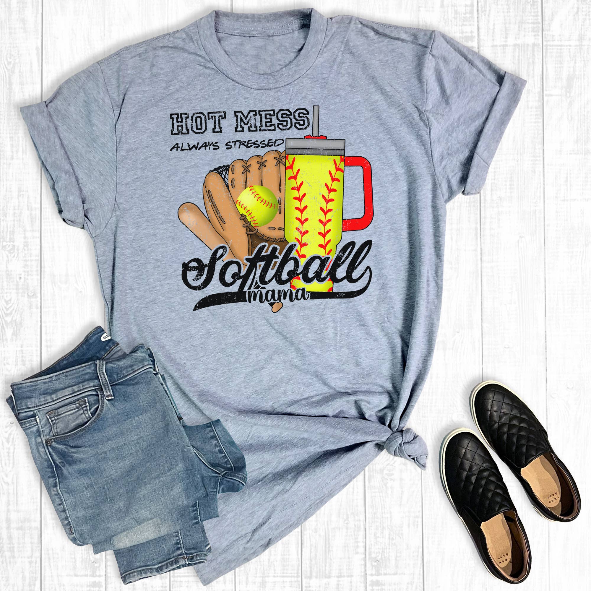 Hot Mess Always Stressed Softball Mama Graphic Tee Hoodie, Sweatshirt | PodTeesHub.com