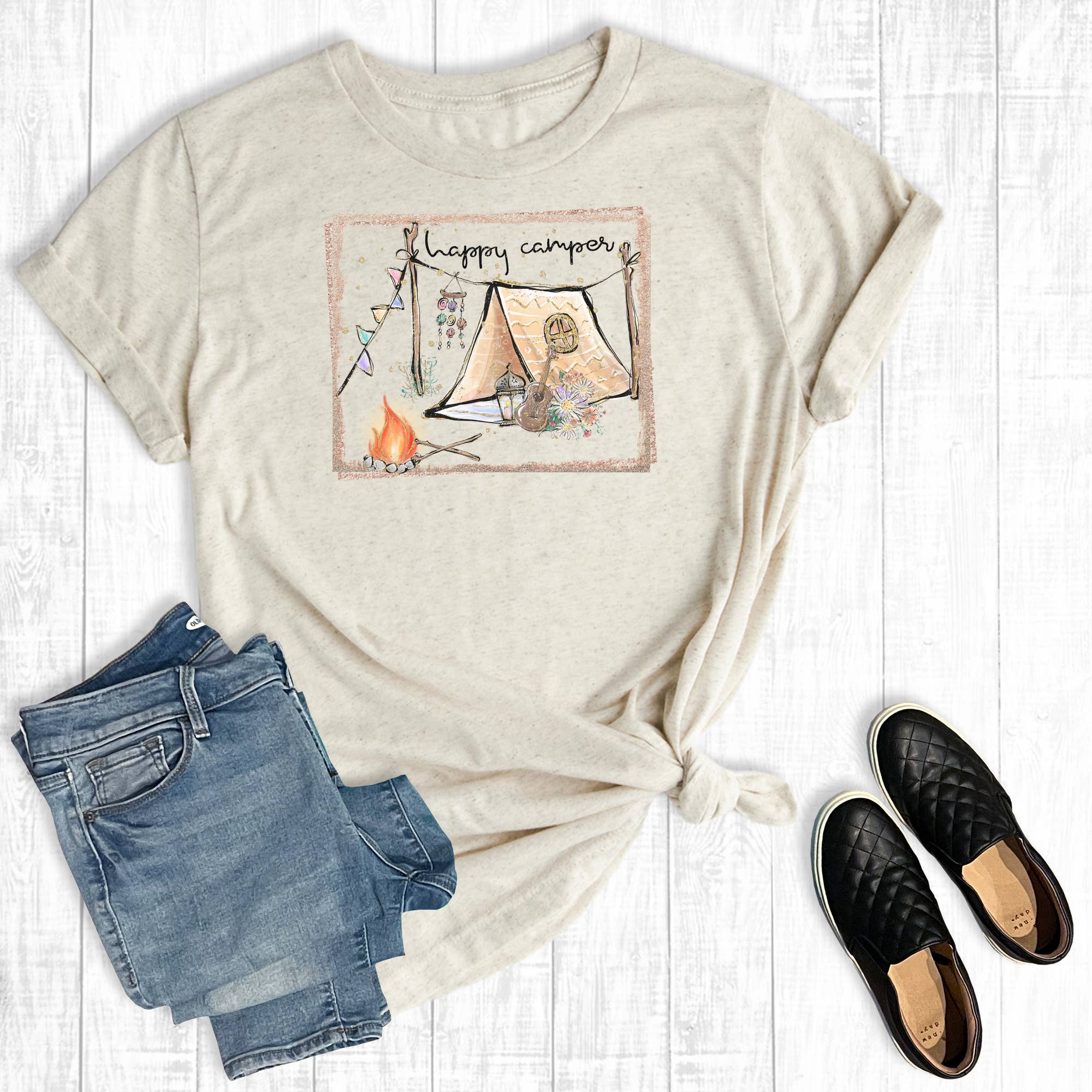 Happy Camper Boho Tent Graphic Tee Hoodie, Sweatshirt | PodTeesHub.com