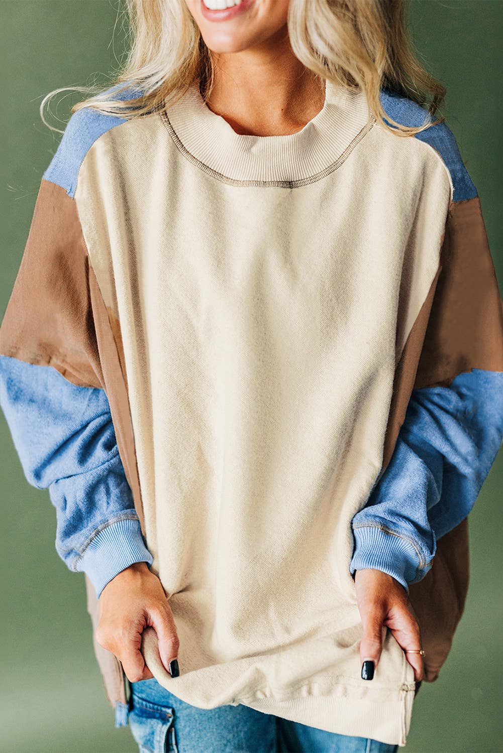 Color Block Long Sleeve Crew Neck Baggy Sweatshirt (S-2XL) T-Shirts, Hoodie | PodTeesHub.com