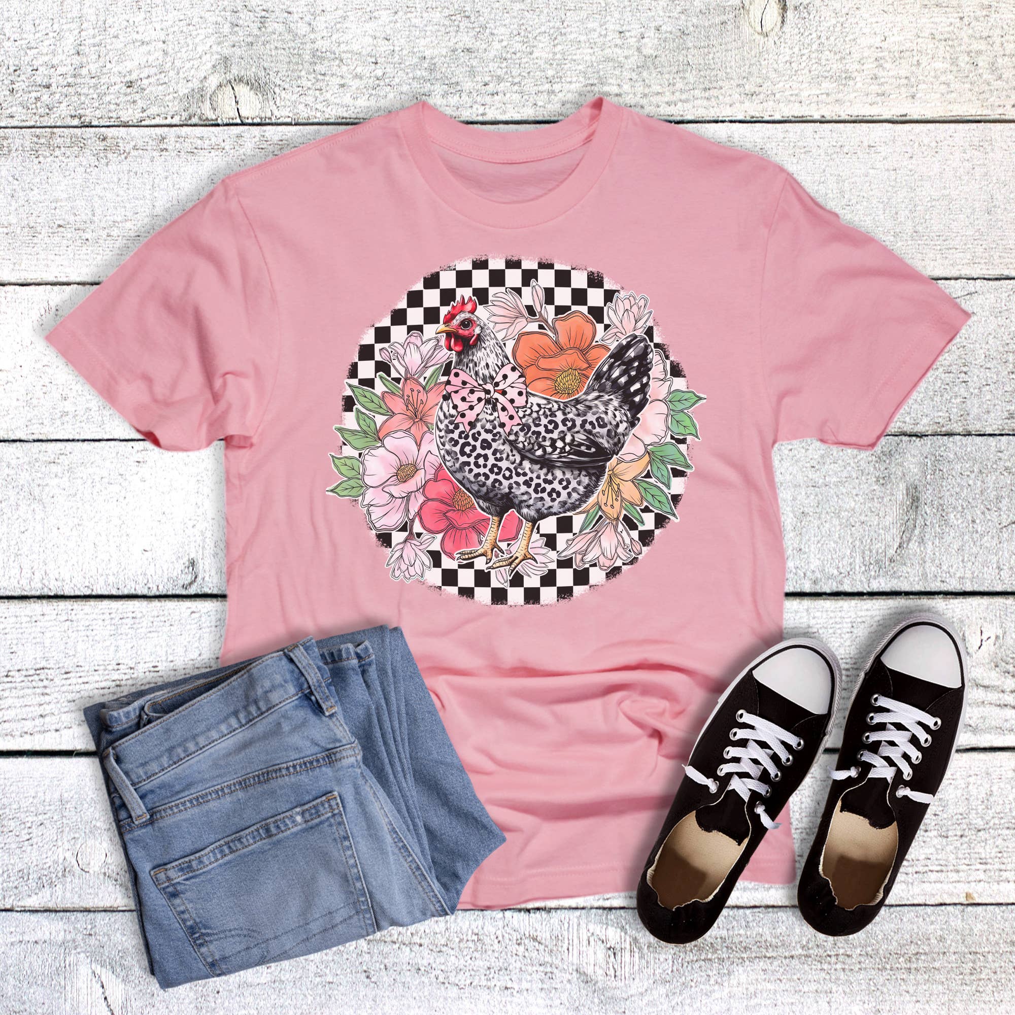 Checkered Floral Chicken Graphic Tee Hoodie, Sweatshirt | PodTeesHub.com