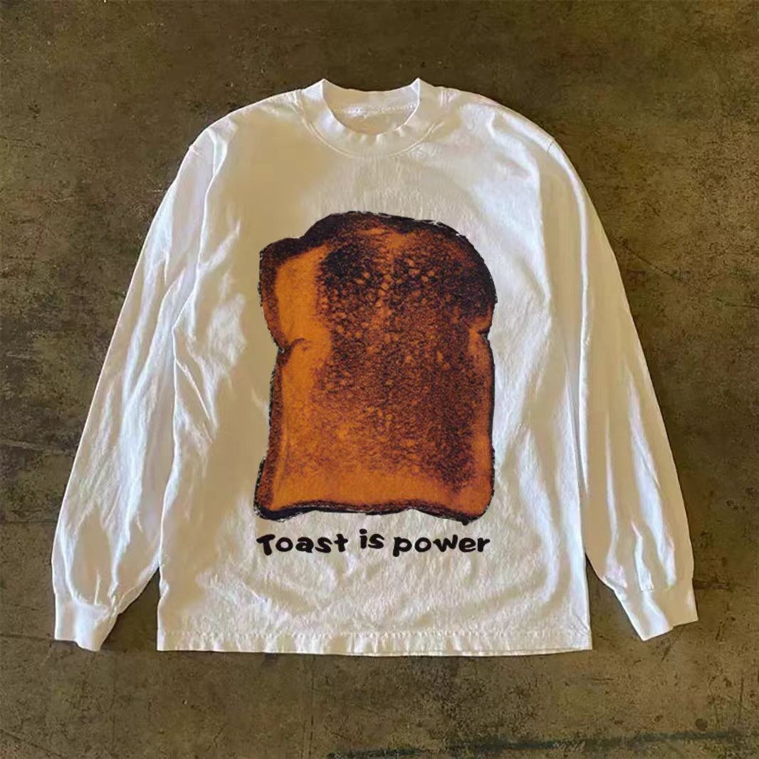 Vintage White Casual Retro Bread Print Long Sleeved T Shirt Hoodie, Sweatshirt | PodTeesHub.com