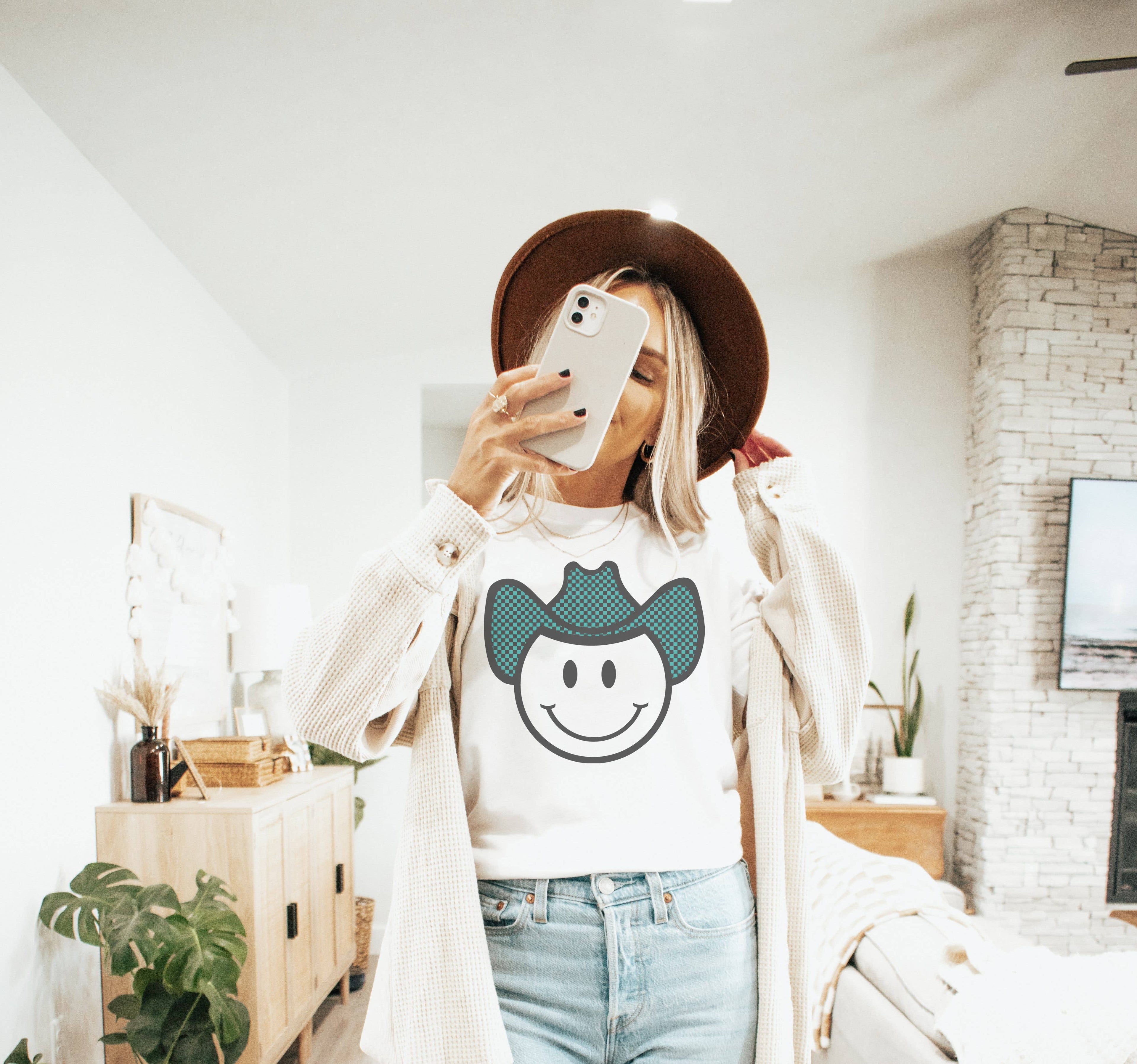Cowboy Happy Face Women's Graphic Tee Western Smile Tees Hoodie, Sweatshirt | PodTeesHub.com