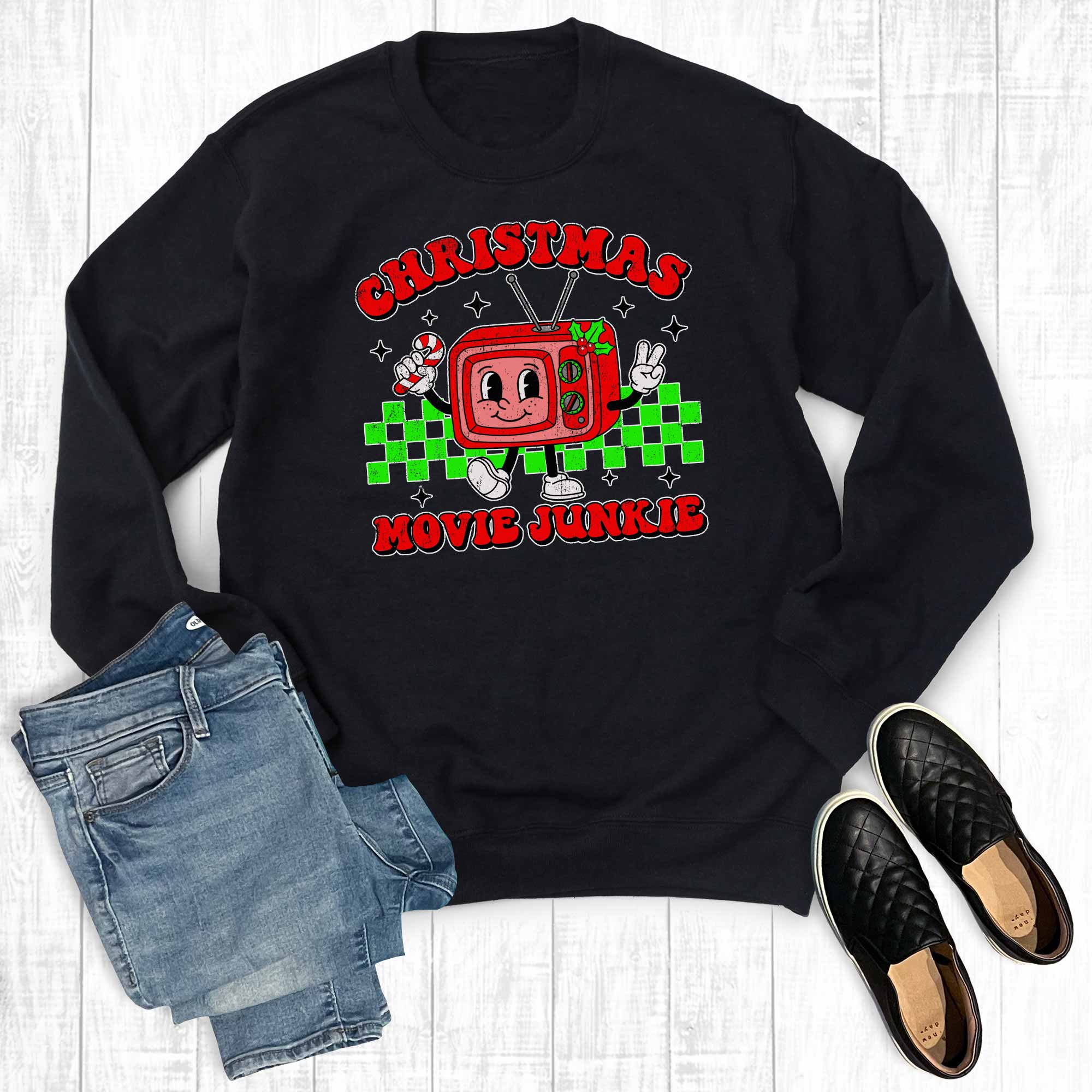 Retro Christmas Movie Junkie Graphic Sweatshirt T-Shirts, Hoodie | PodTeesHub.com