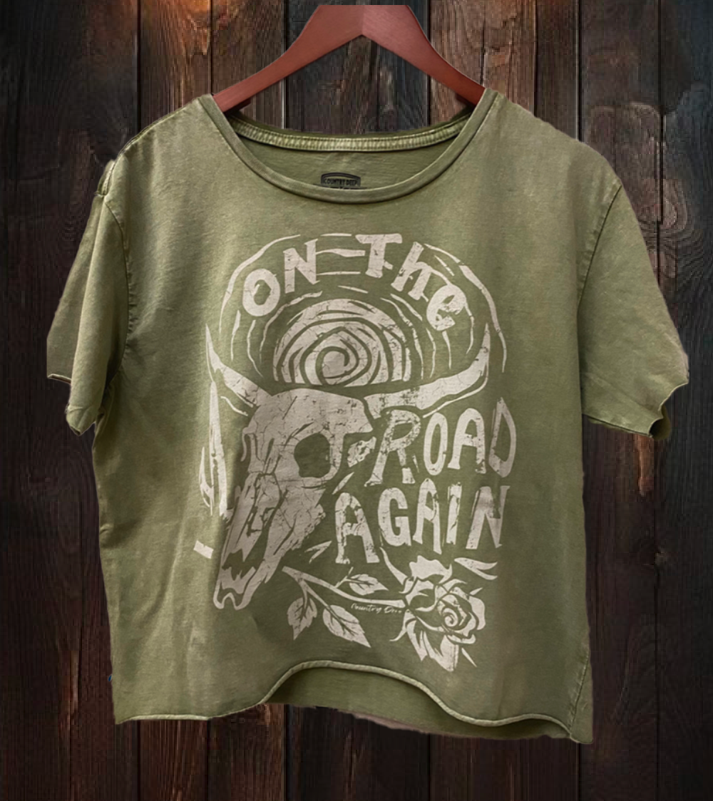 On the Road Again Regular Cropped Acid Wash T-Shirt Hoodie, Sweatshirt | PodTeesHub.com