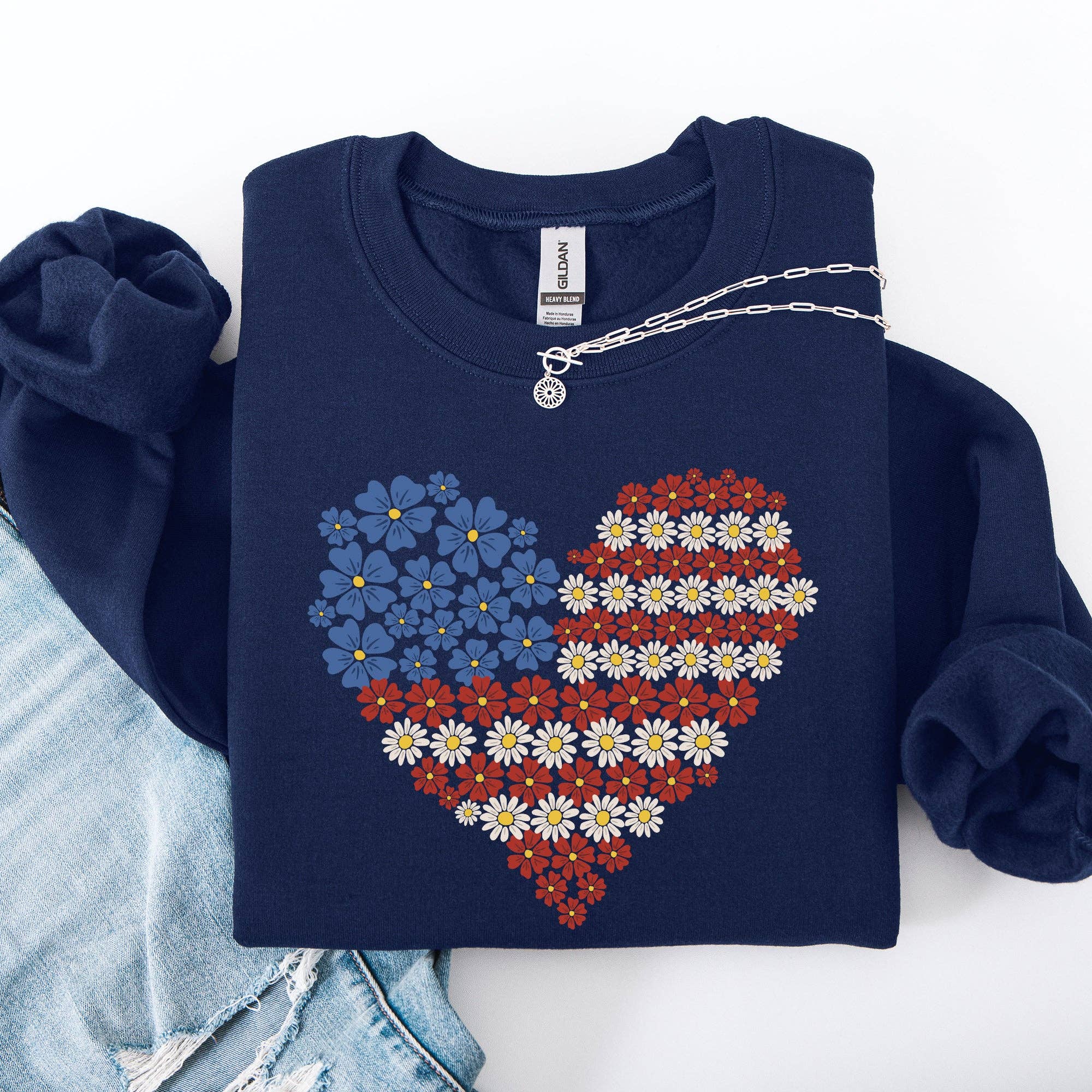 Floral Heart, Patriotic, USA, America 4th of July Sweatshirt T-Shirts, Hoodie | PodTeesHub.com