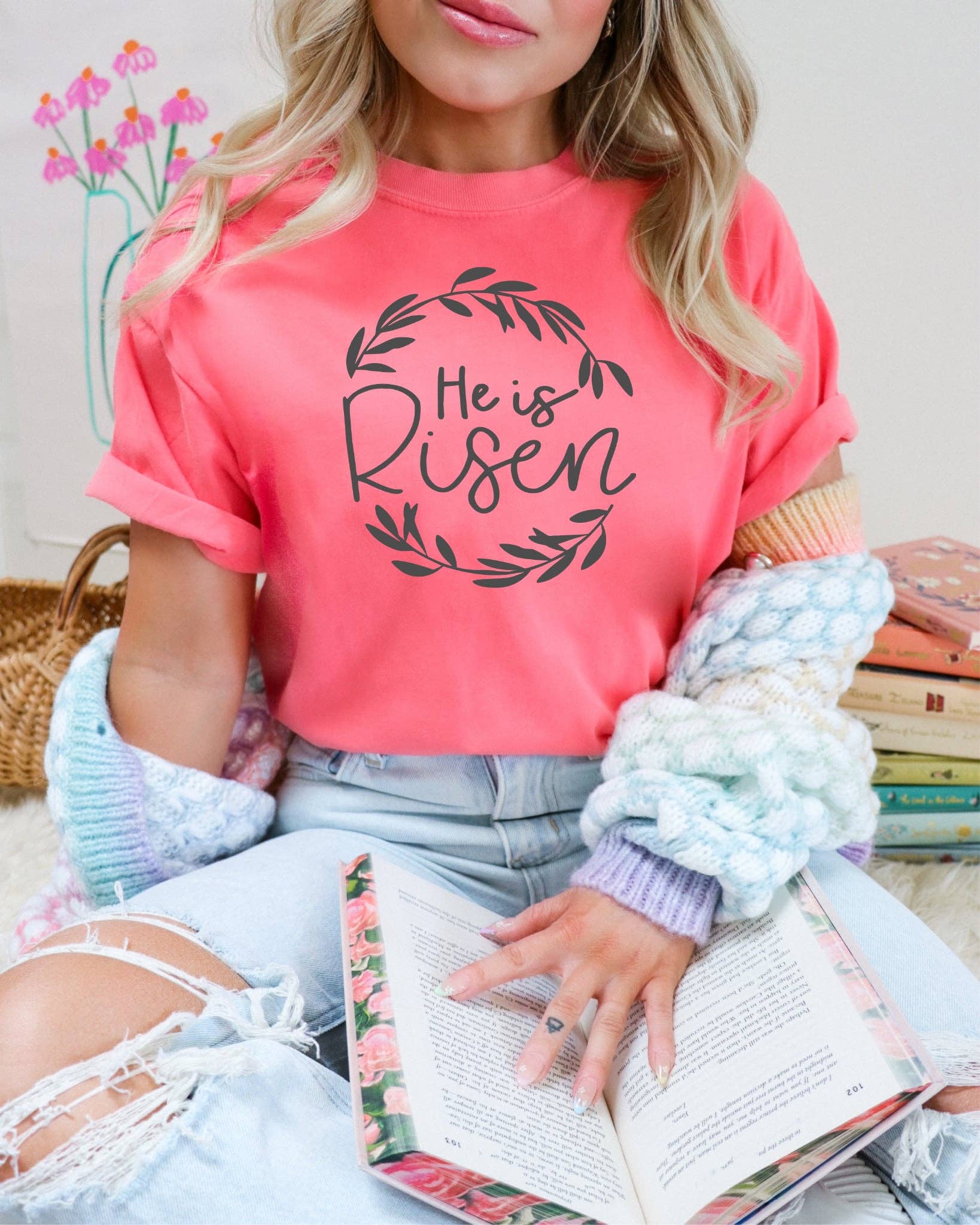 New Easter He Is Risen Coral Bella Graphic Tee Free Ship Hoodie, Sweatshirt | PodTeesHub.com